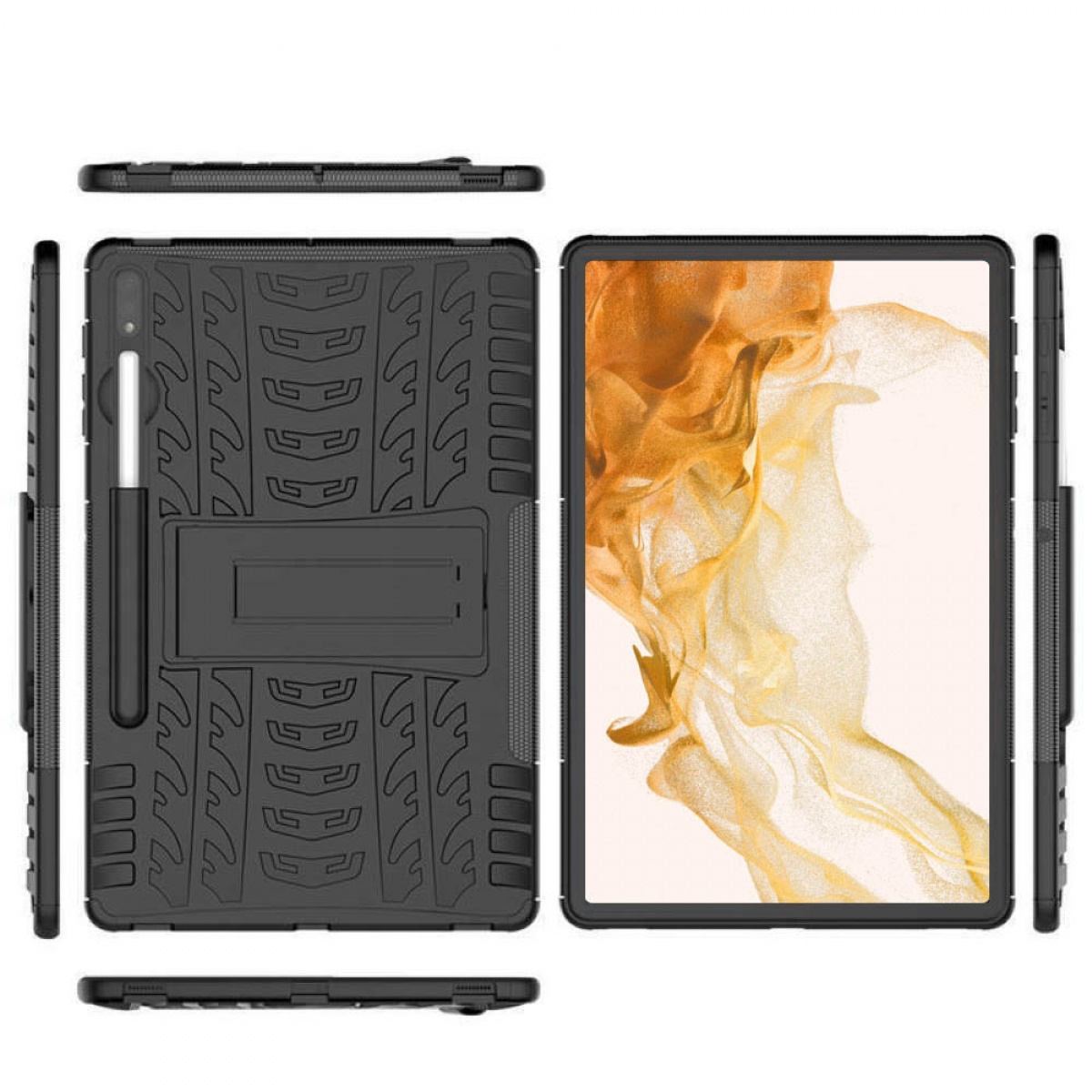 Eine schwarze Tablethülle und ein Tablet werden gezeigt. Die Hülle ist offen, mit einem Ständer. Ein Stift ist befestigt.