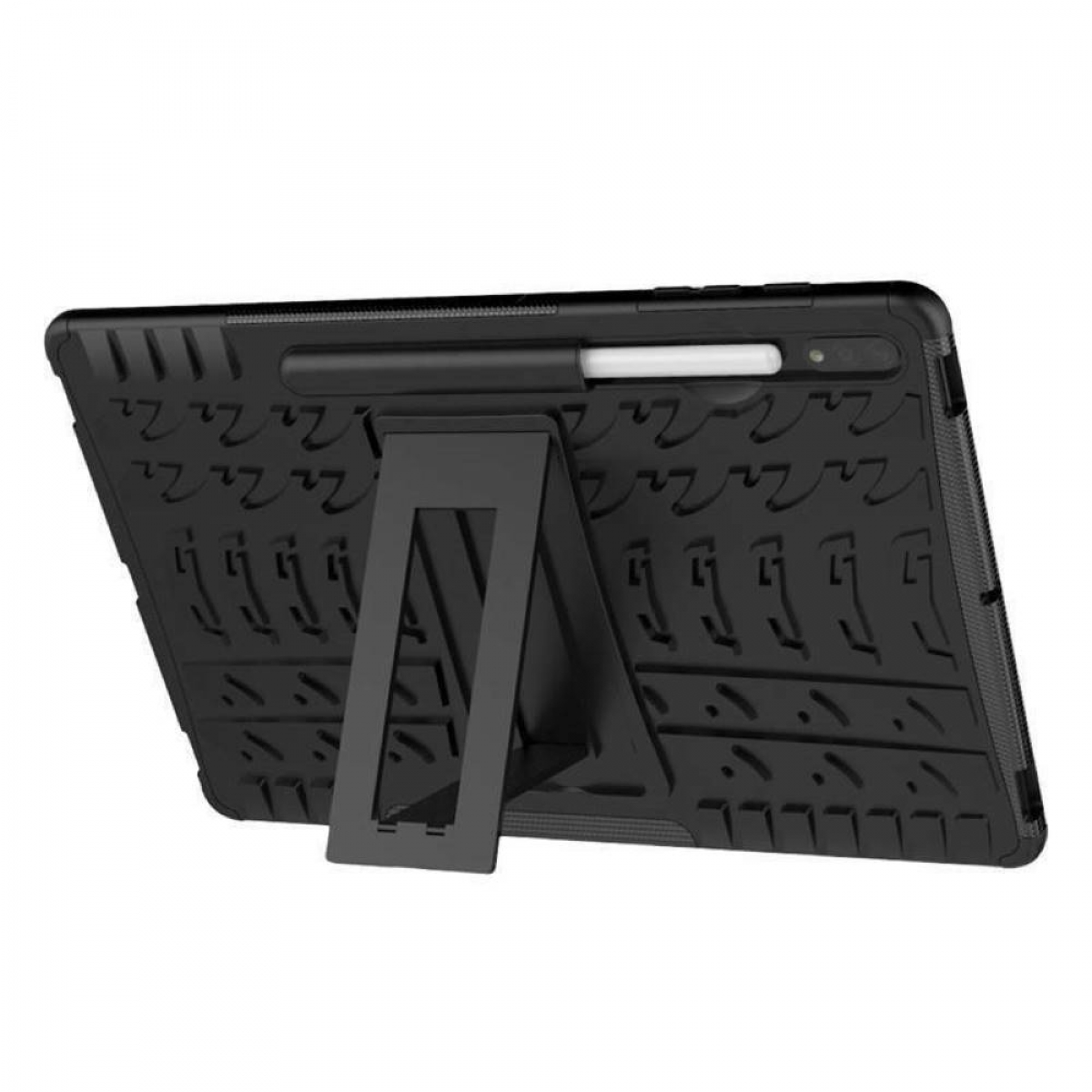 Eine schwarze Tablethülle mit Ständer und Stift. Die Hülle hat eine strukturierte Oberfläche.