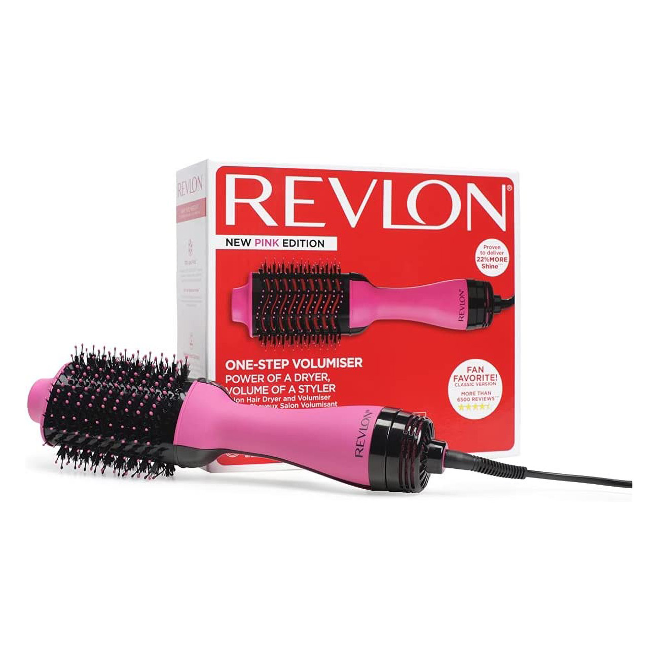 Pinker Haartrockner mit Box, beschriftet Revlon: New Pink Edition.