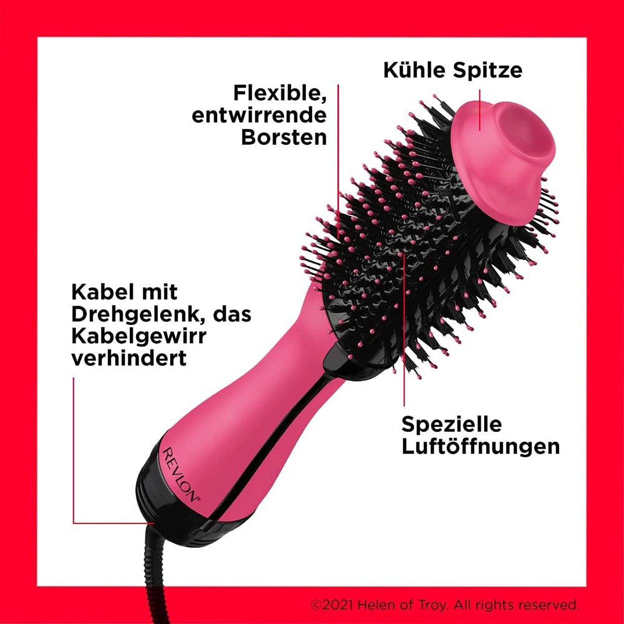 Rosa Revlon Haartrockner mit schwarzer Bürste und Textbeschriftungen.