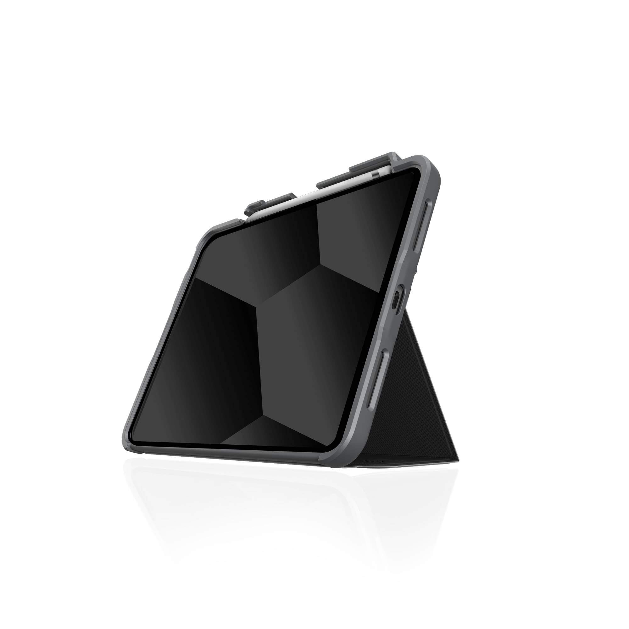 Tablet in grauem Gehäuse, aufgestellt. Weißer Hintergrund.