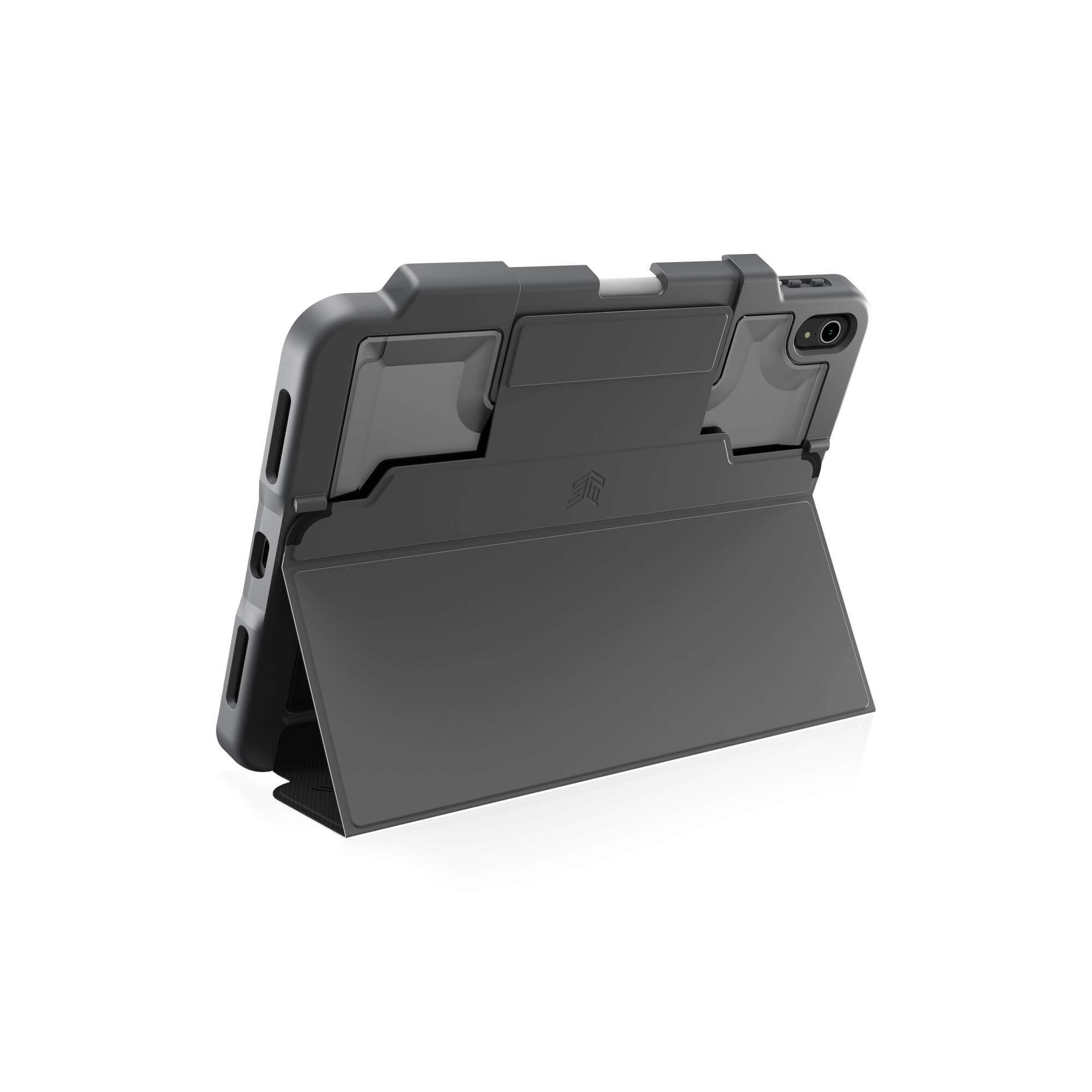 Graue Tablet-Hülle mit Ständer. Das Tablet ist nicht sichtbar.