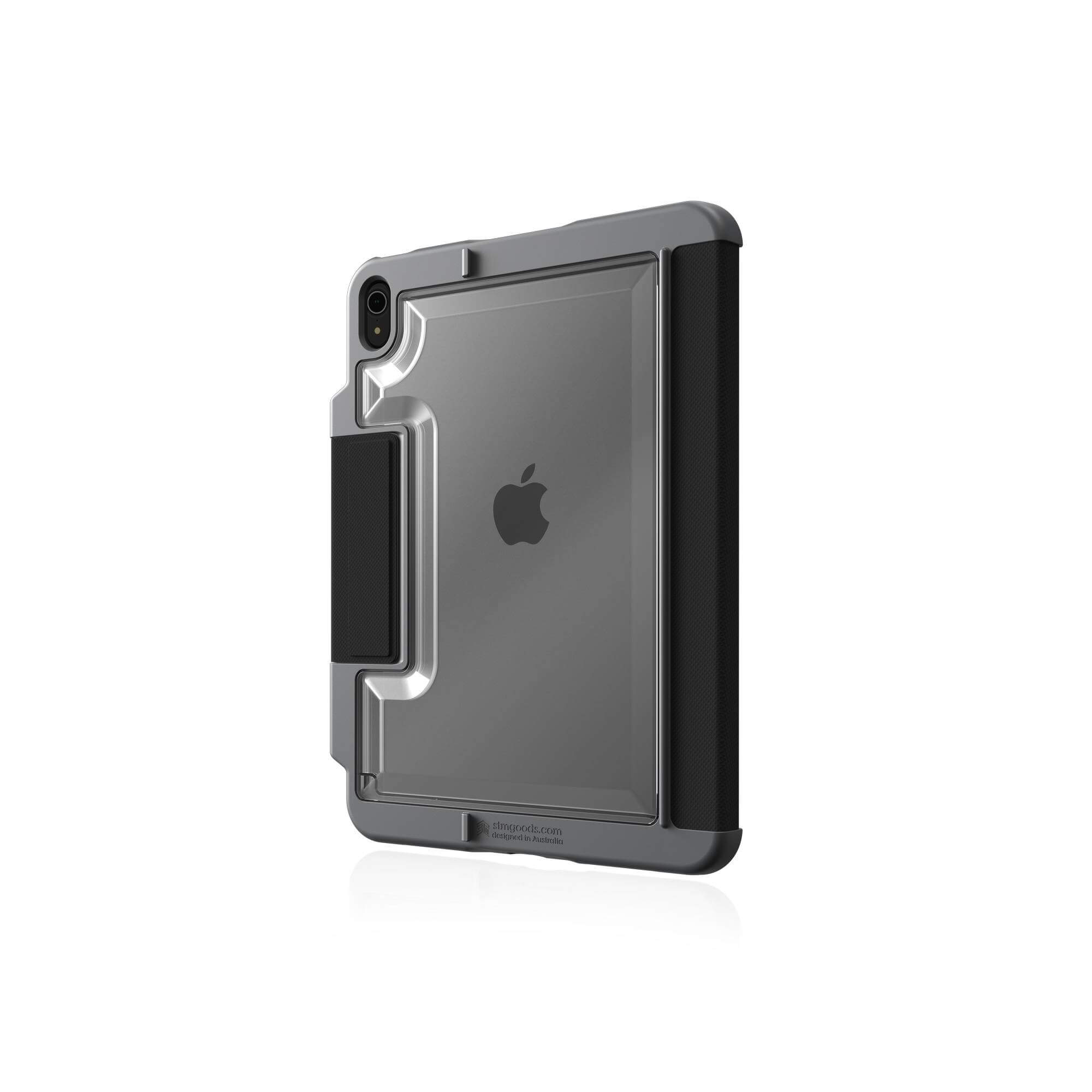 Graue iPad-Hülle mit klarer Vorderseite und schwarzem Griff an der Seite.