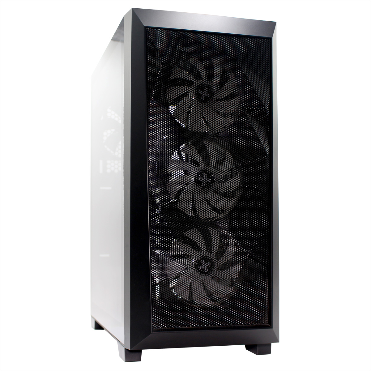Zwarte computerkast met mesh voorkant en interne ventilatoren.