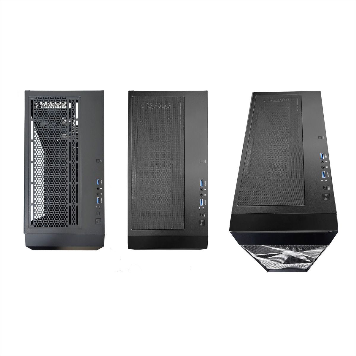 Drie zwarte computerkasten, verschillende voorkantontwerpen, op een witte achtergrond. Elk met mesh en poorten.