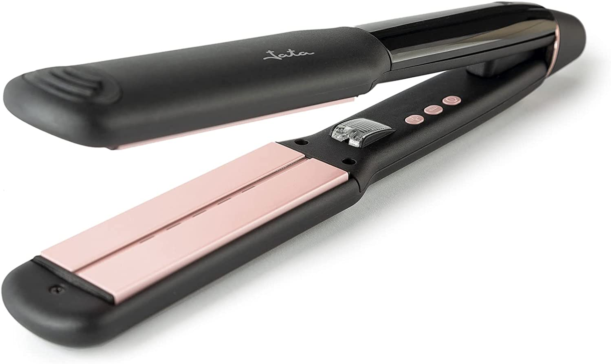Plancha de pelo negra con placas oro rosa, abierta, sobre superficie blanca.