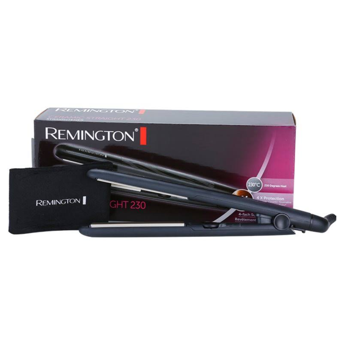 Una plancha de pelo Remington GHT 230 con su caja y una funda protectora negra.