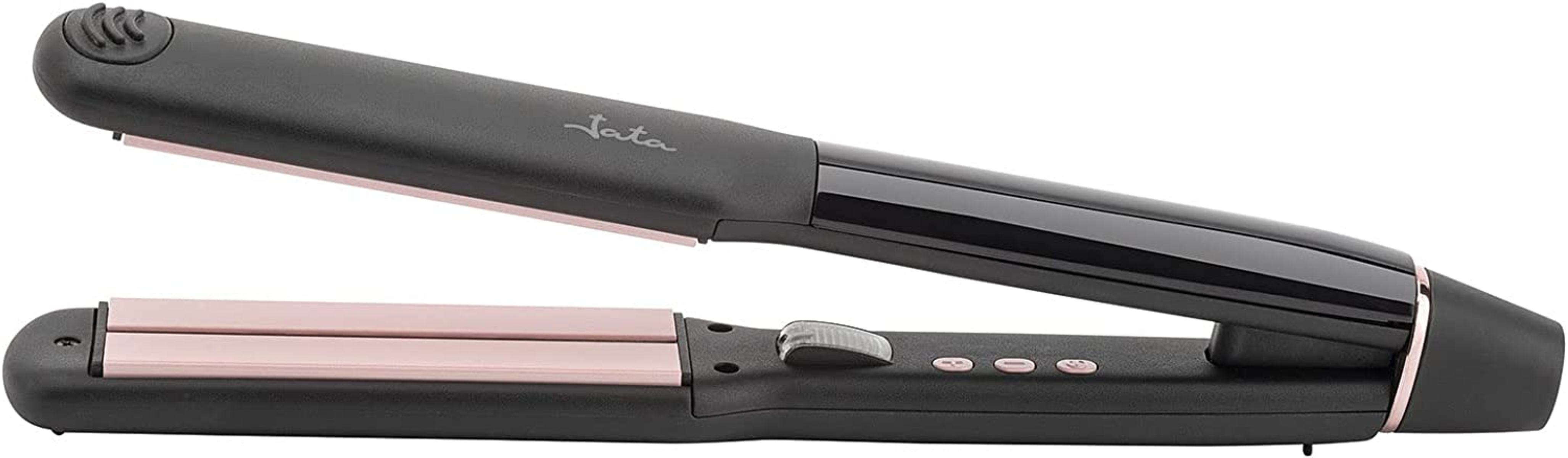 Plancha de pelo Jata negra con placas oro rosa, abierta y lista.