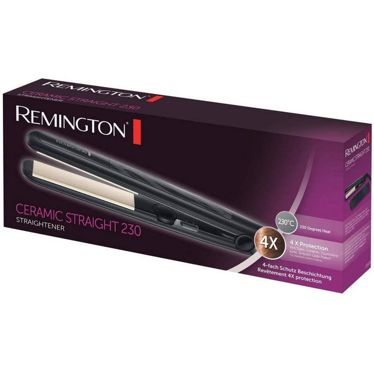 Caja de plancha de pelo Remington Ceramic Straight 230 con detalles.