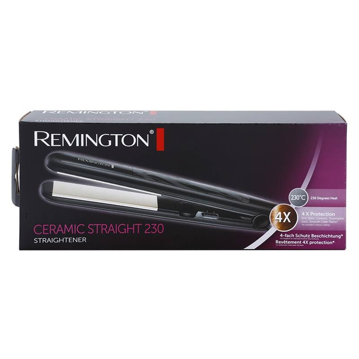 Caja de plancha de pelo Remington Ceramic Straight 230, con el producto dentro.