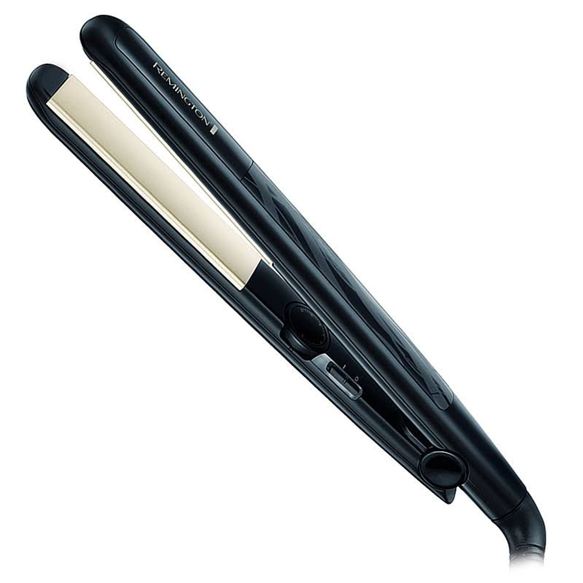 Una plancha de pelo negra Remington con placa calefactora beige, sobre fondo blanco.