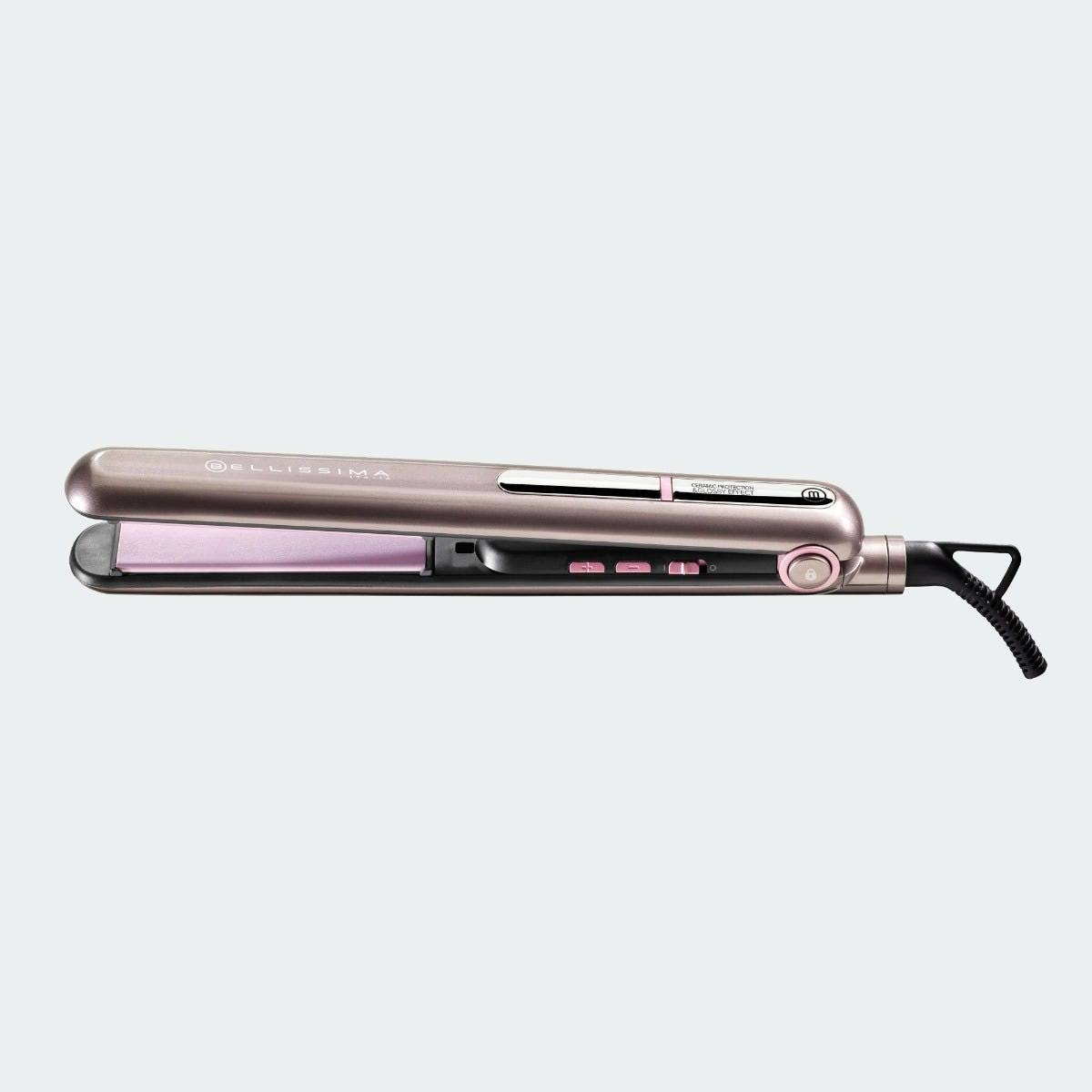 Piastra per capelli Bellissima rosa e argento con cavo nero e pulsanti rosa, in posizione chiusa.