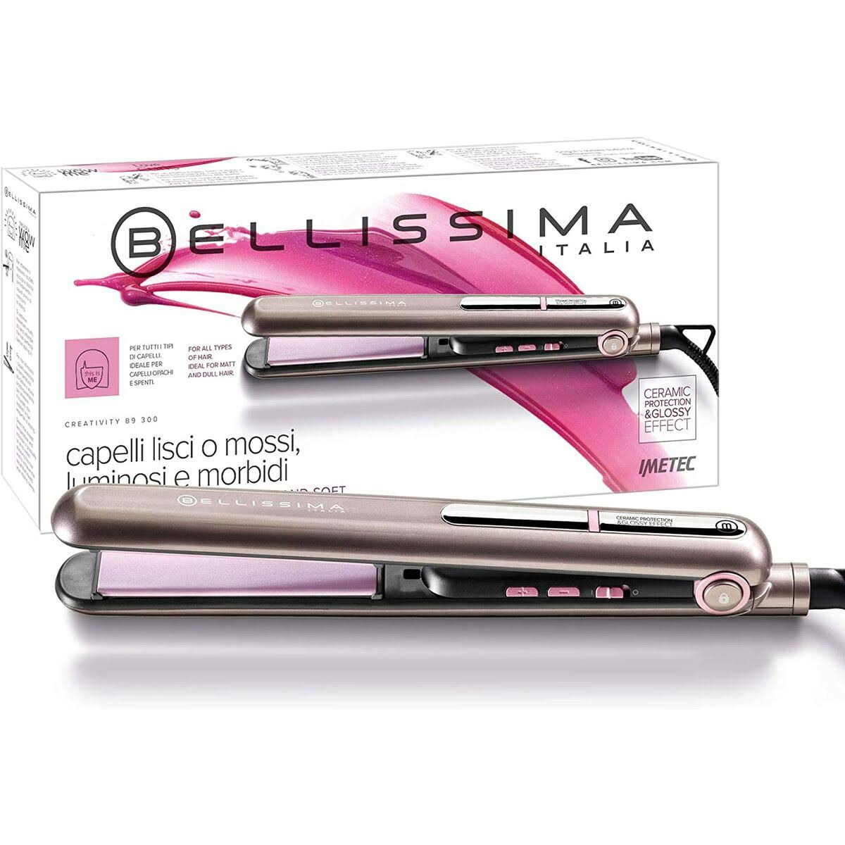 Piastra per capelli rosa e grigia con scatola, su superficie bianca, per capelli lucenti e lisci.