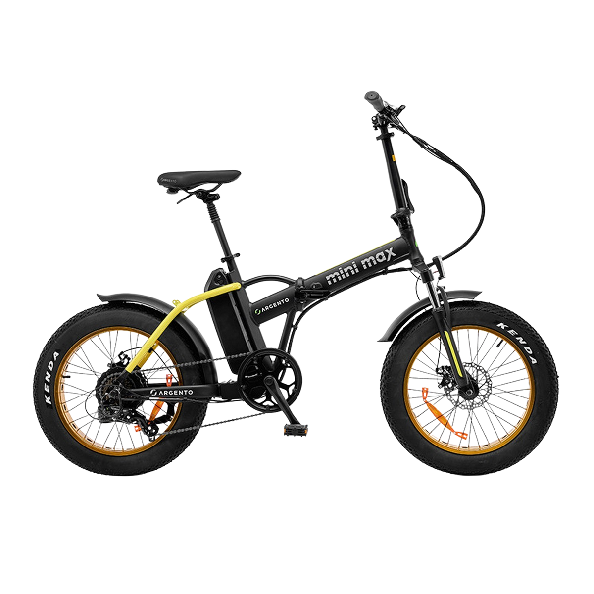 Una bici elettrica pieghevole nera con dettagli gialli e pneumatici spessi.