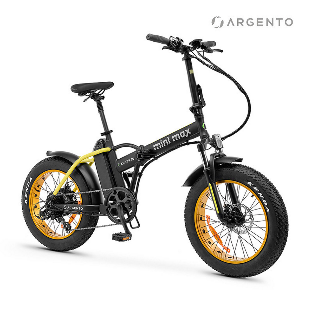 E-bike Argento Mini Max nera e gialla. Sfondo bianco. Vista frontale.