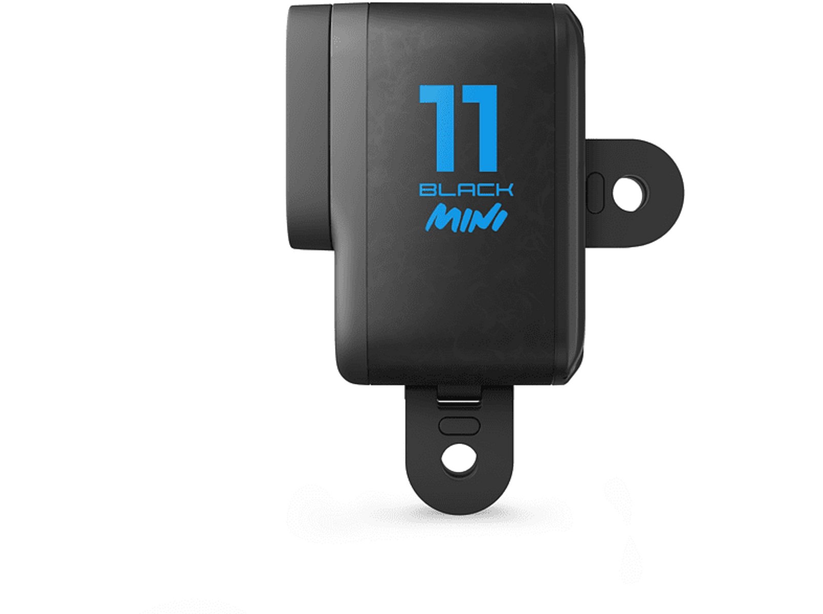 Czarna kamera GoPro 11 Black Mini. Niebieski tekst. Dwa punkty montażowe.