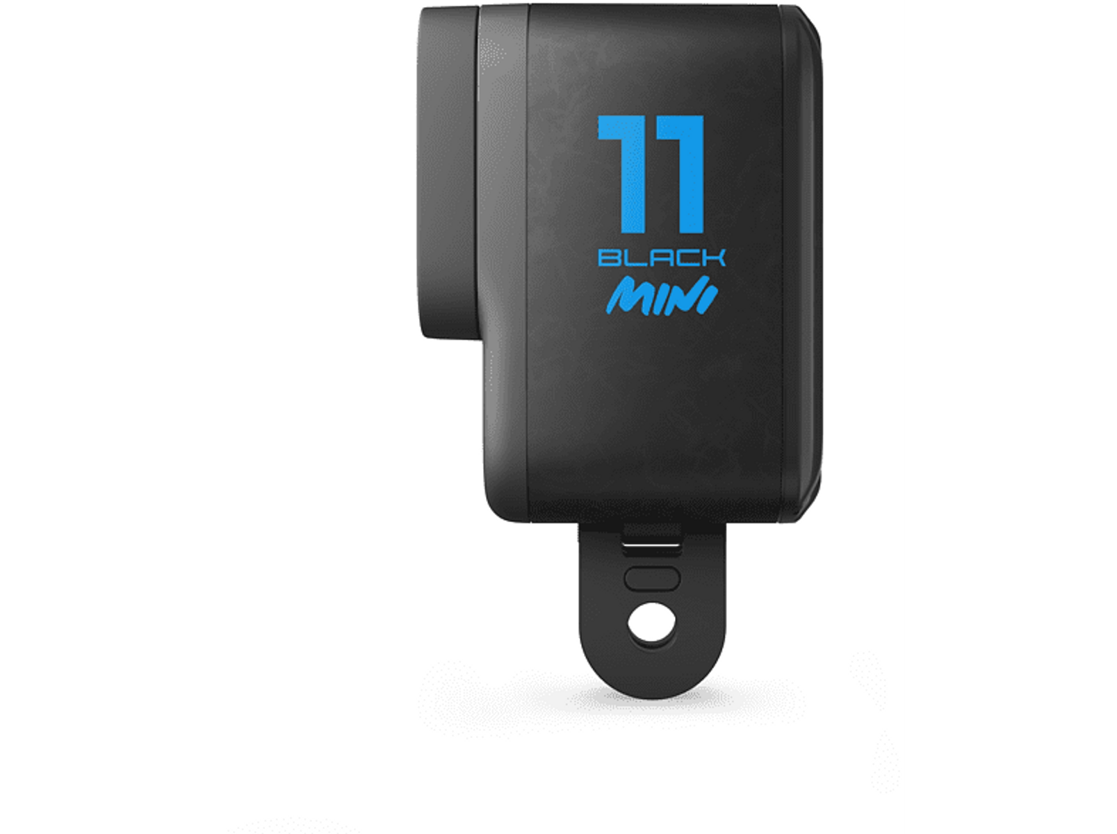 Czarna mini kamera sportowa z niebieskim tekstem: 11 BLACK MINI. To kompaktowa kamera.