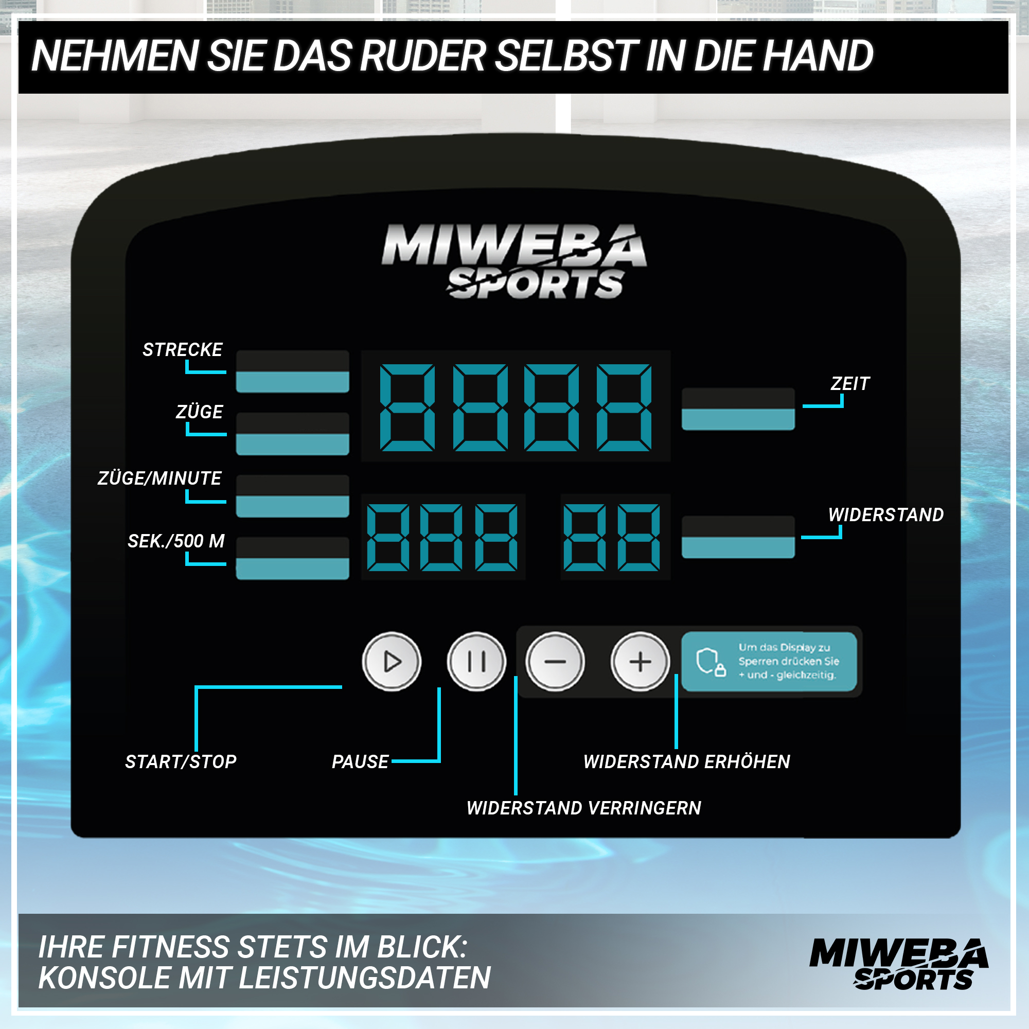 Fitnesskonsole, Digitalanzeige, zeigt Trainingsdaten, blauer Hintergrund, weißer Text.