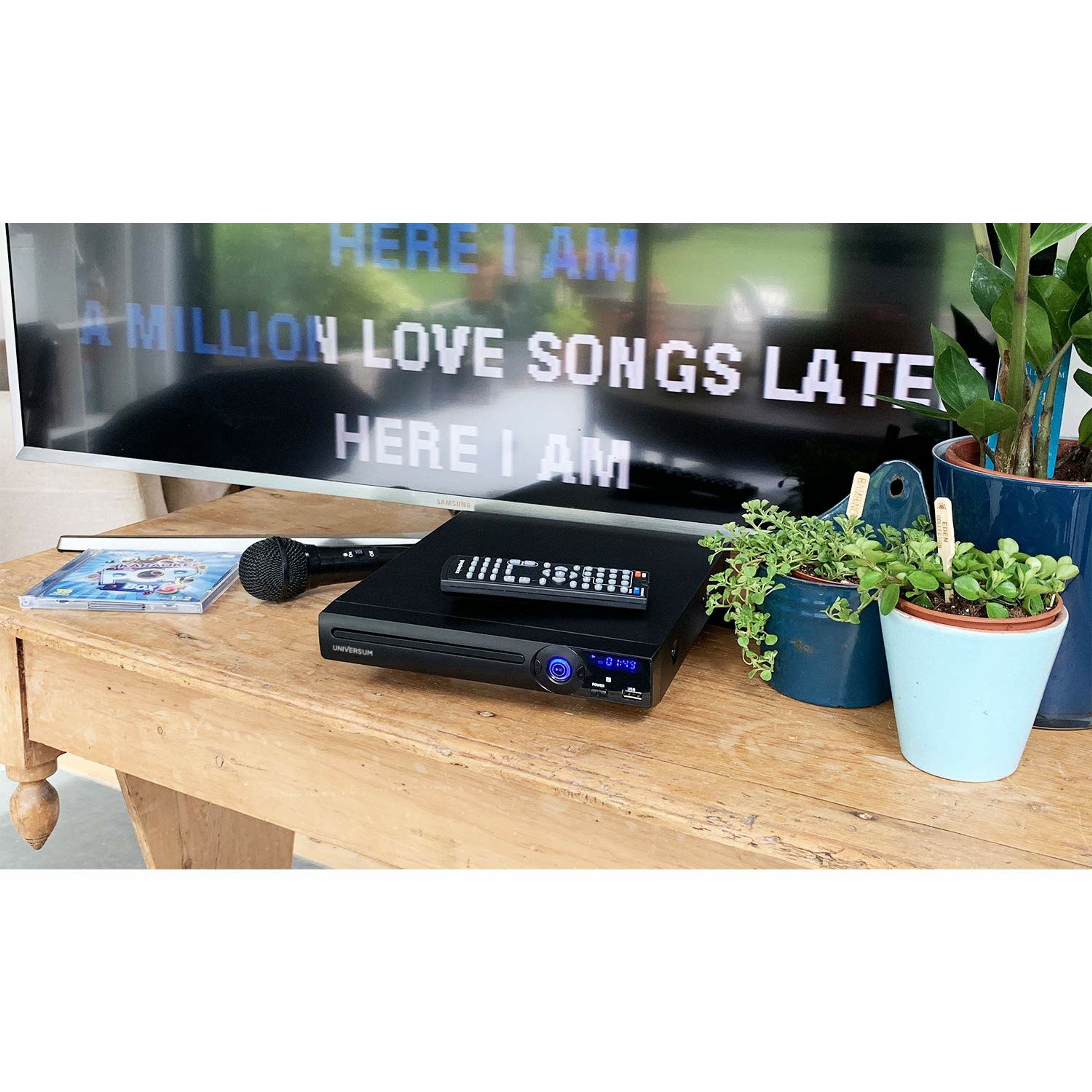 Ein Karaoke-System auf einem Tisch mit einem TV, der Texte anzeigt, Pflanzen und ein Mikrofon in der Nähe.