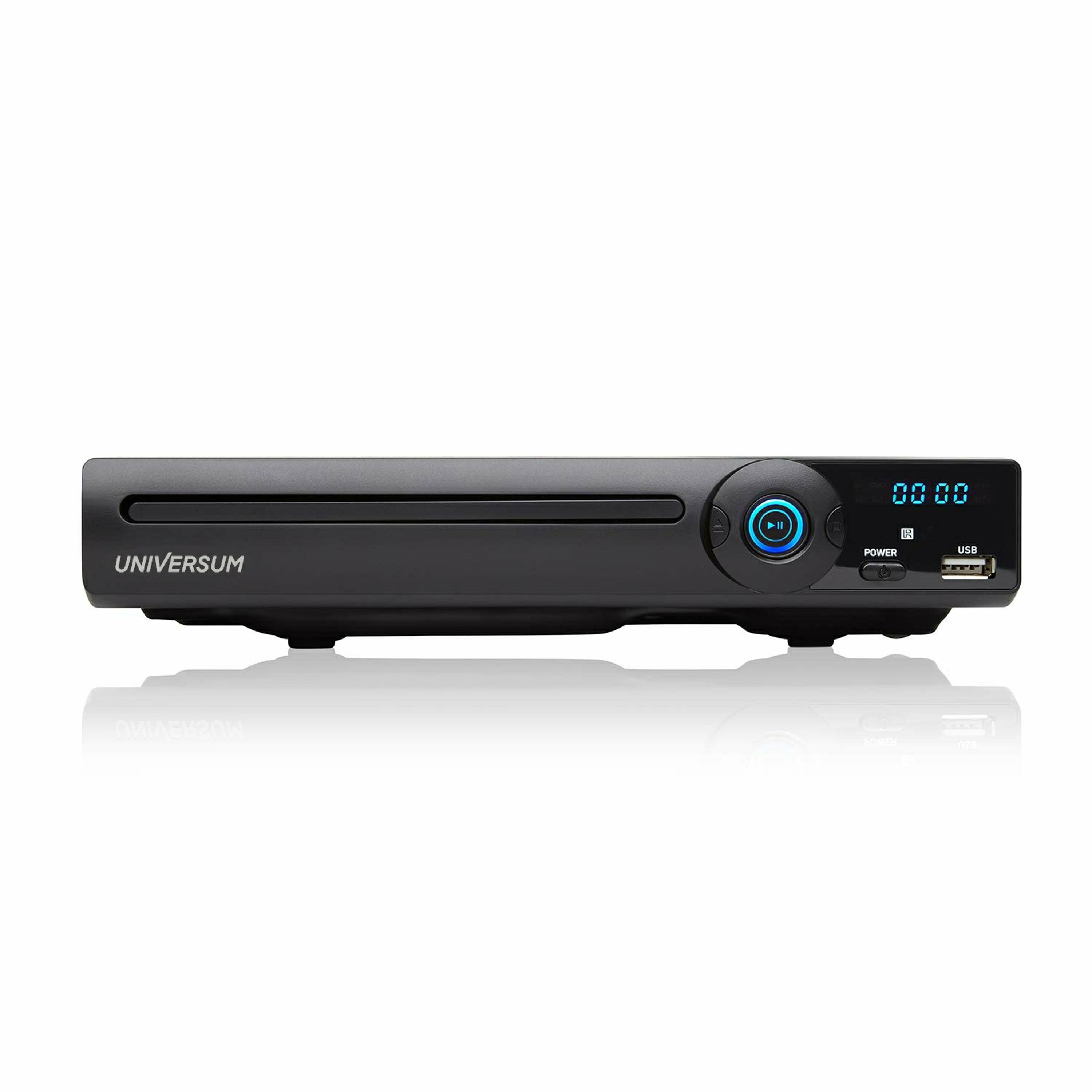 Ein schwarzer DVD-Player mit Display und Knöpfen, der sich auf einer Oberfläche spiegelt.