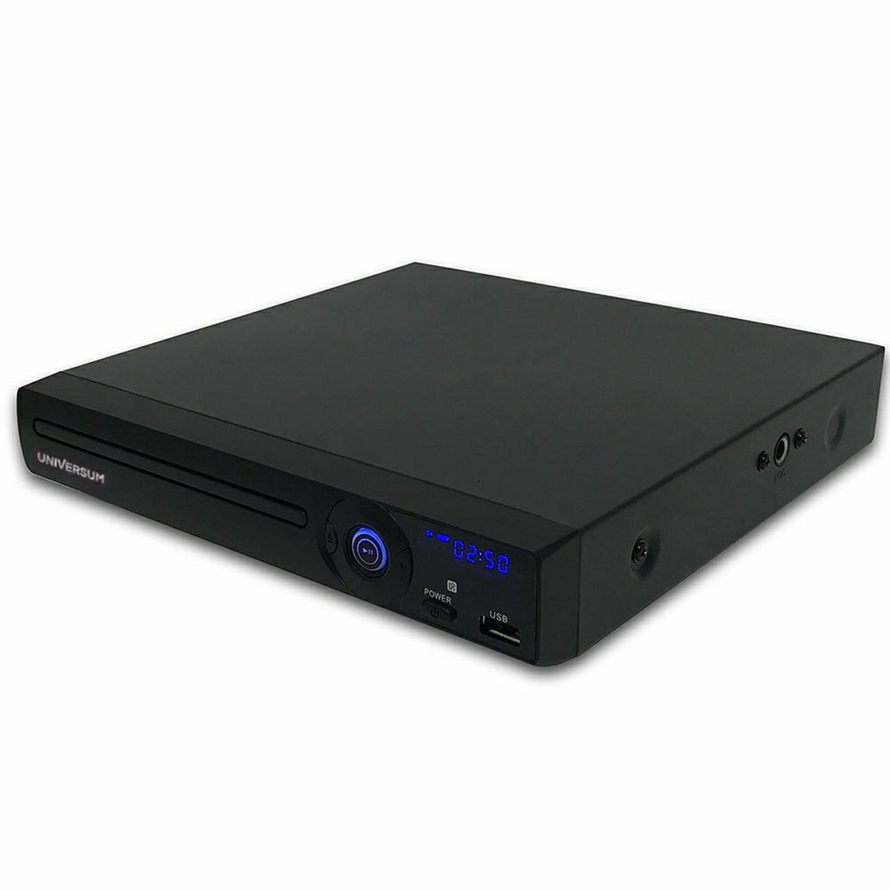 Schwarzer DVD-Player mit blauem Power-Knopf und USB-Anschluss.