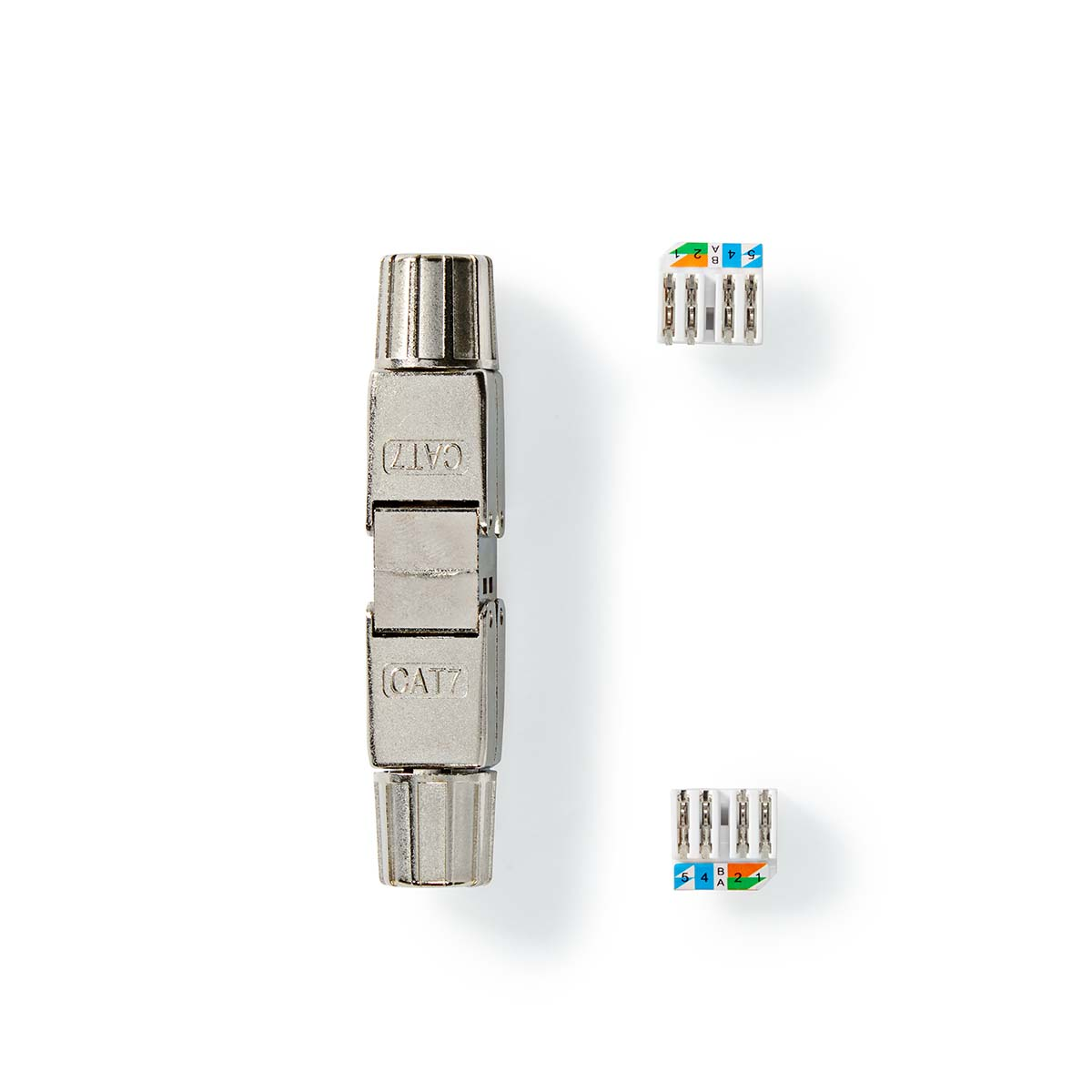 Network cable connectors, silver and white, on white background.