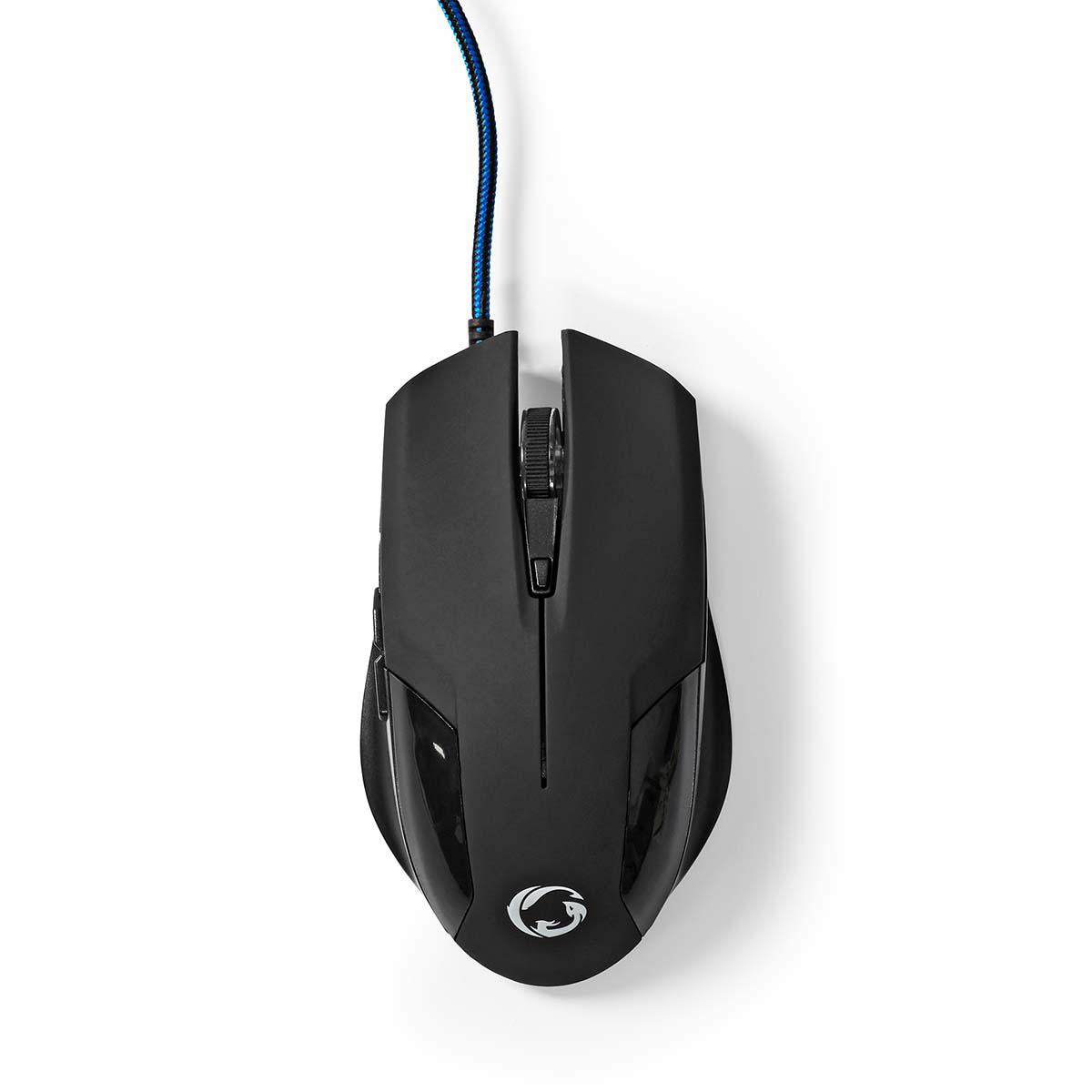 Schwarze Gaming-Maus mit blauem Kabel, Draufsicht.