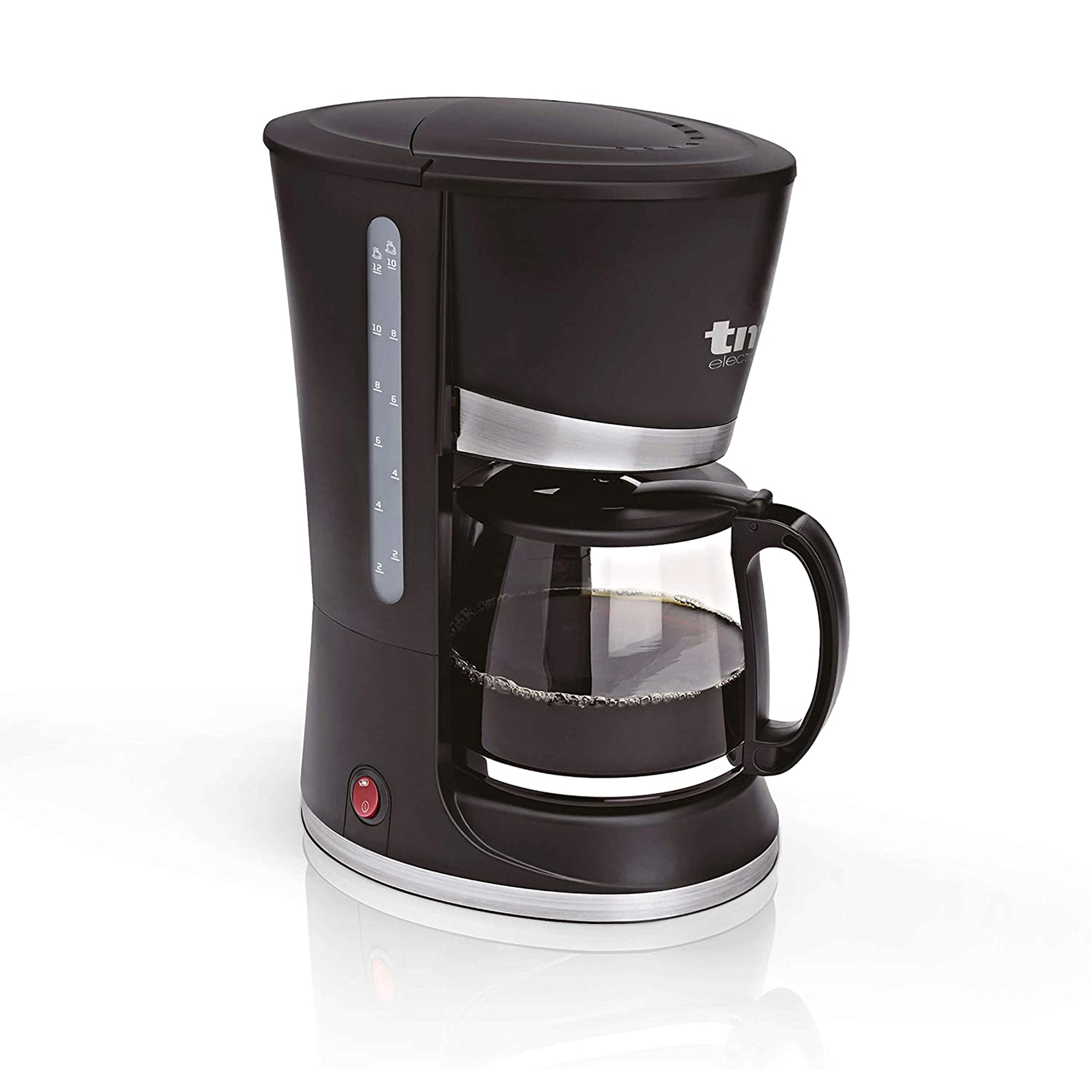 Czarny ekspres do kawy ze szklaną karafką, białe tło.