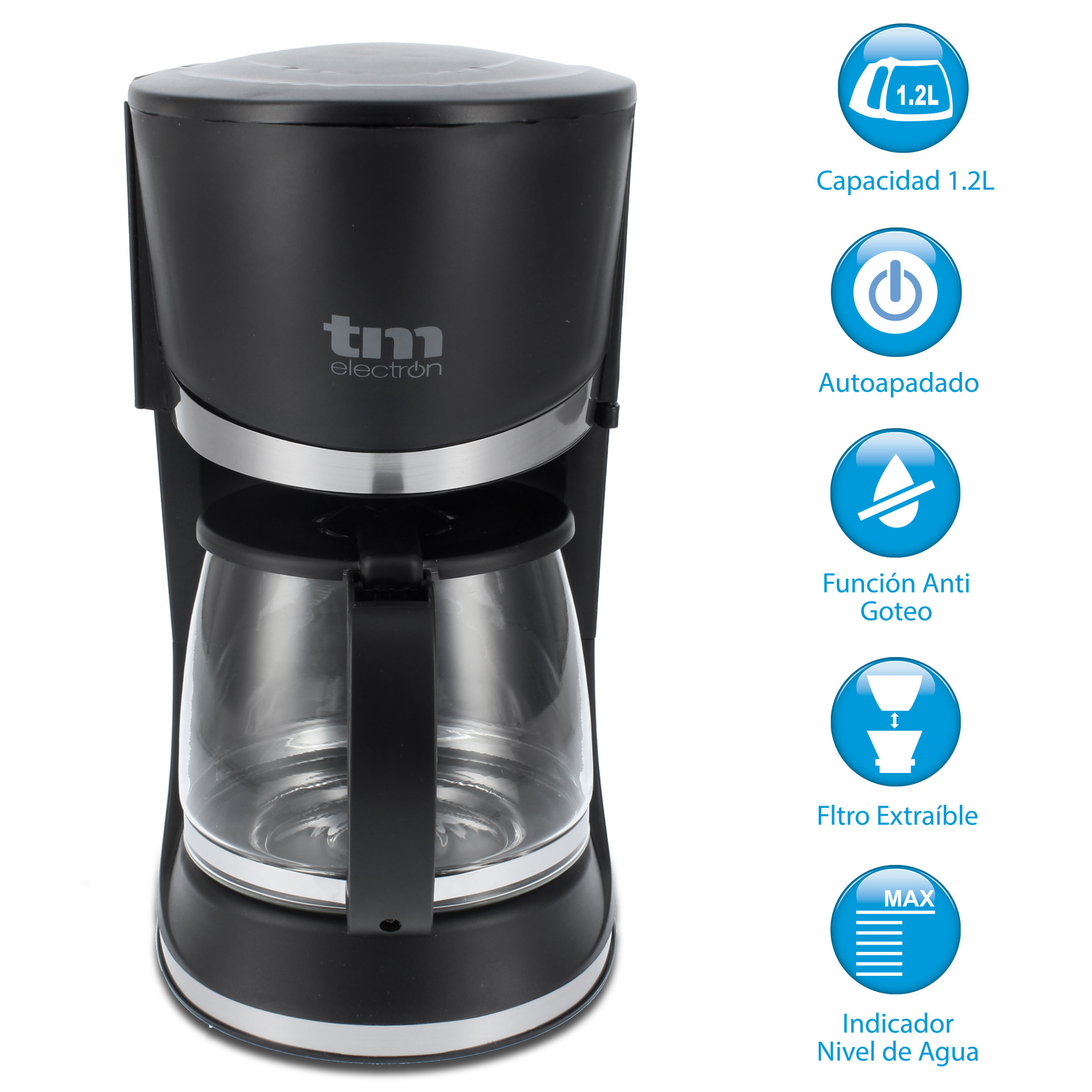 Czarny ekspres do kawy ze szklaną karafką. Widoczny tekst i ikony.