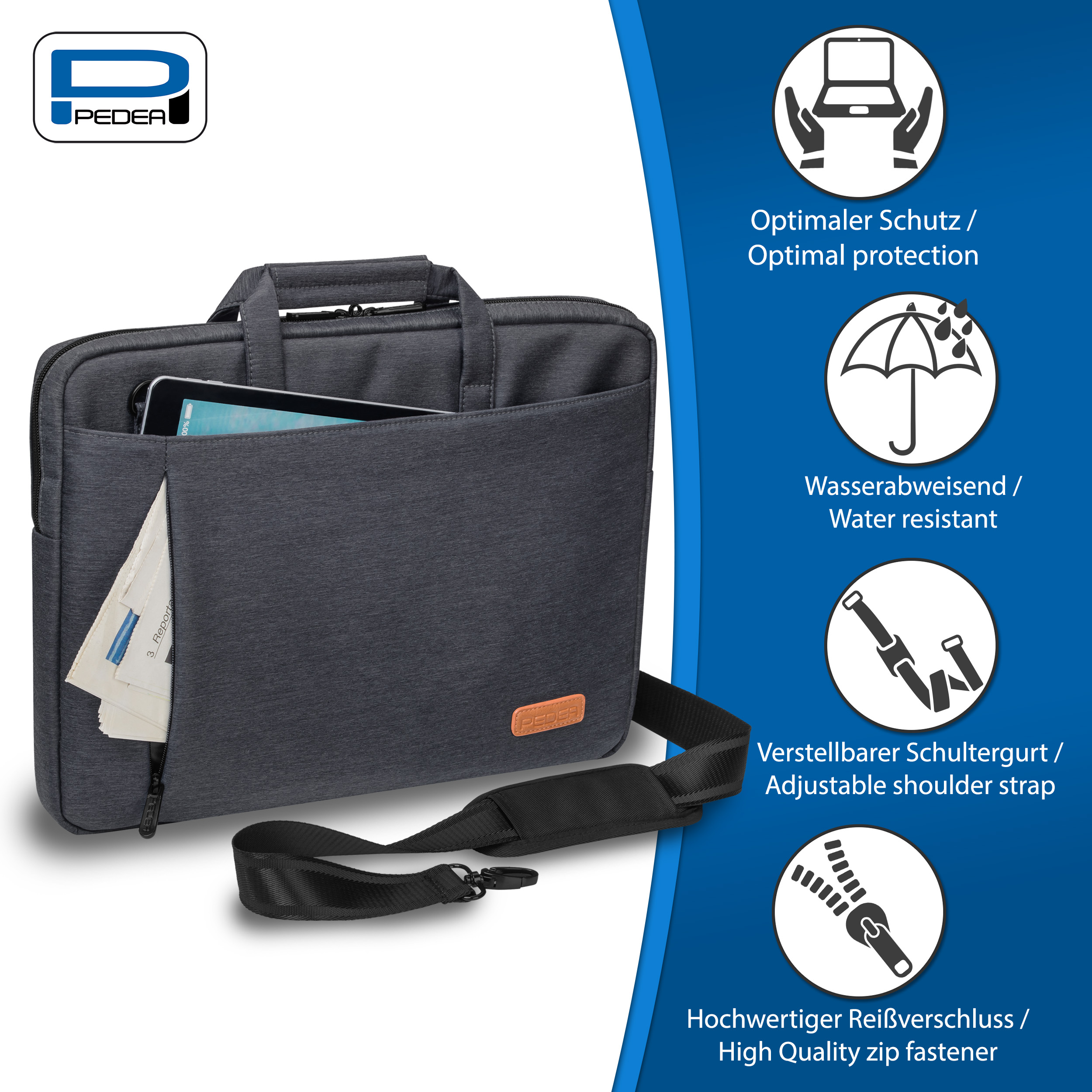 Laptoptasche. Dunkelgrau mit Griff und Gurt. Weißer Hintergrund.
