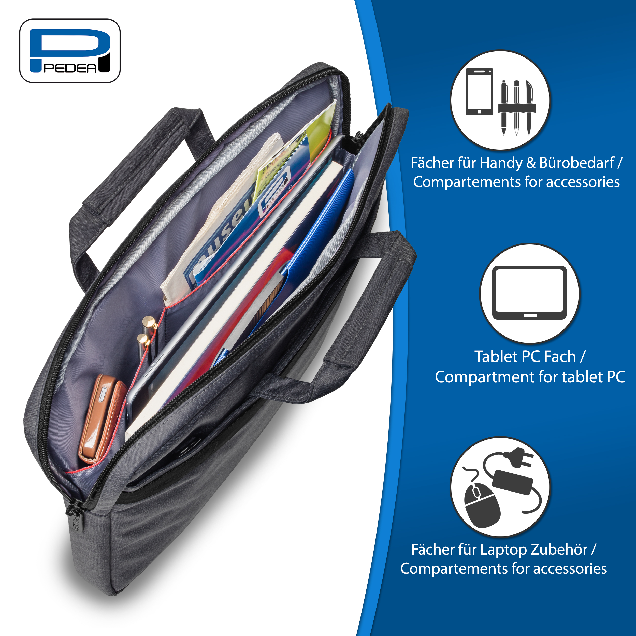 Geöffnete Laptoptasche mit Zubehörfächern. Enthält Tablet, Kopfhörer, Stifte und Papiere. Blauer Hintergrund.
