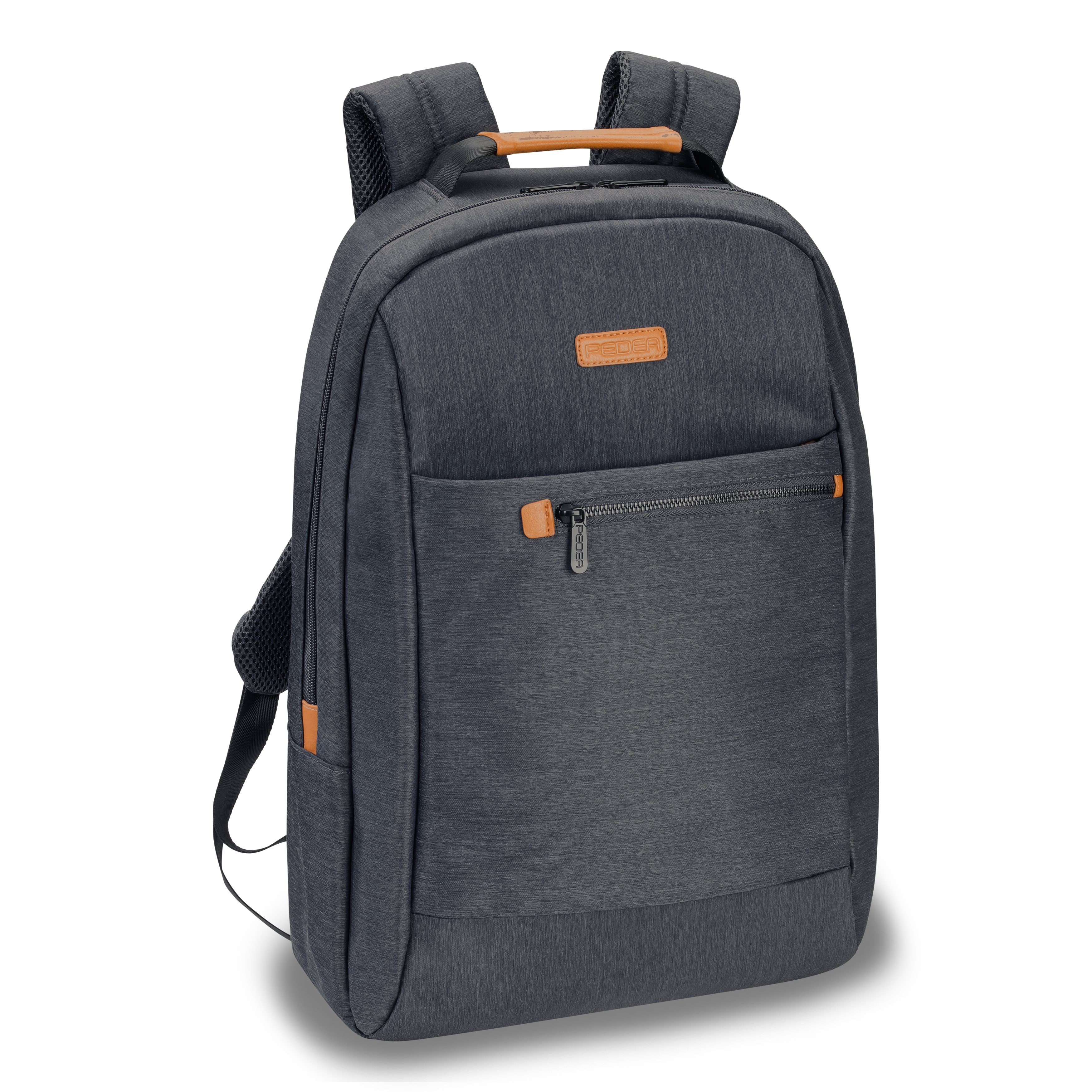 Grauer Rucksack mit schwarzen Trägern und braunen Akzenten. Hat eine Vordertasche und einen Griff.