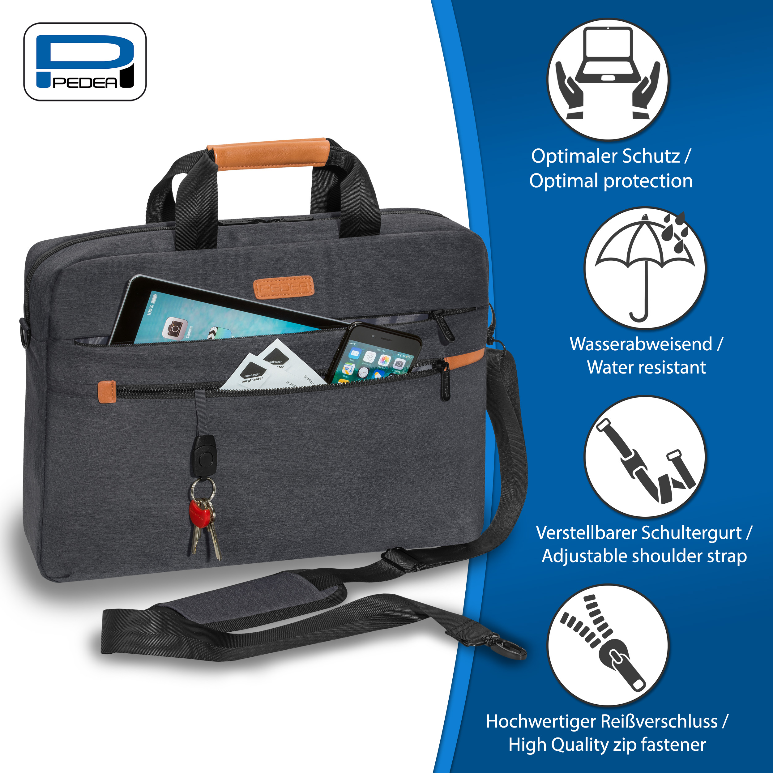 Dunkelgraue Laptoptasche mit Schlüsseln und Geräten in den Taschen. Weißer Hintergrund.