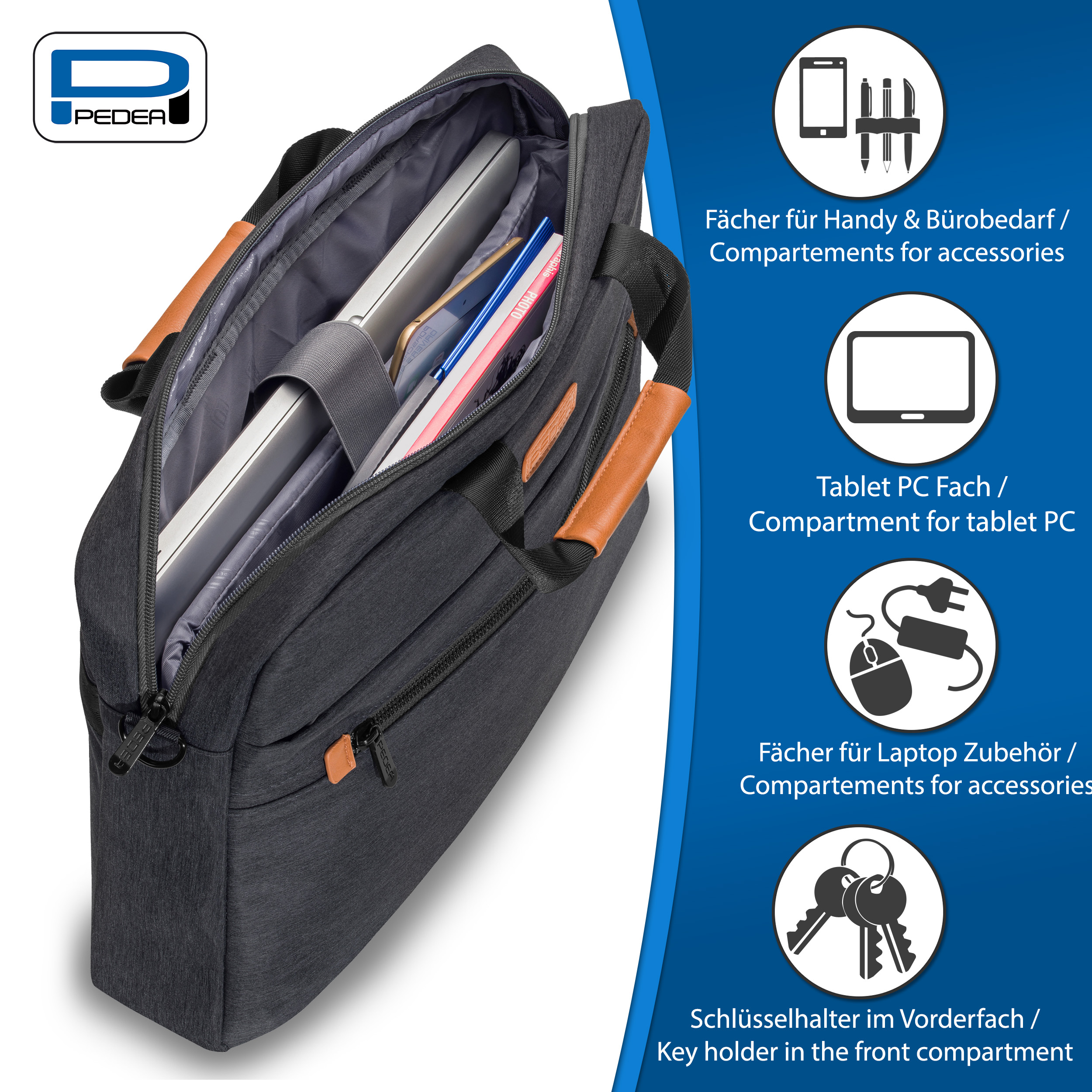Laptoptasche mit mehreren Fächern. Die Tasche ist geöffnet und zeigt einen Laptop und Zubehör.