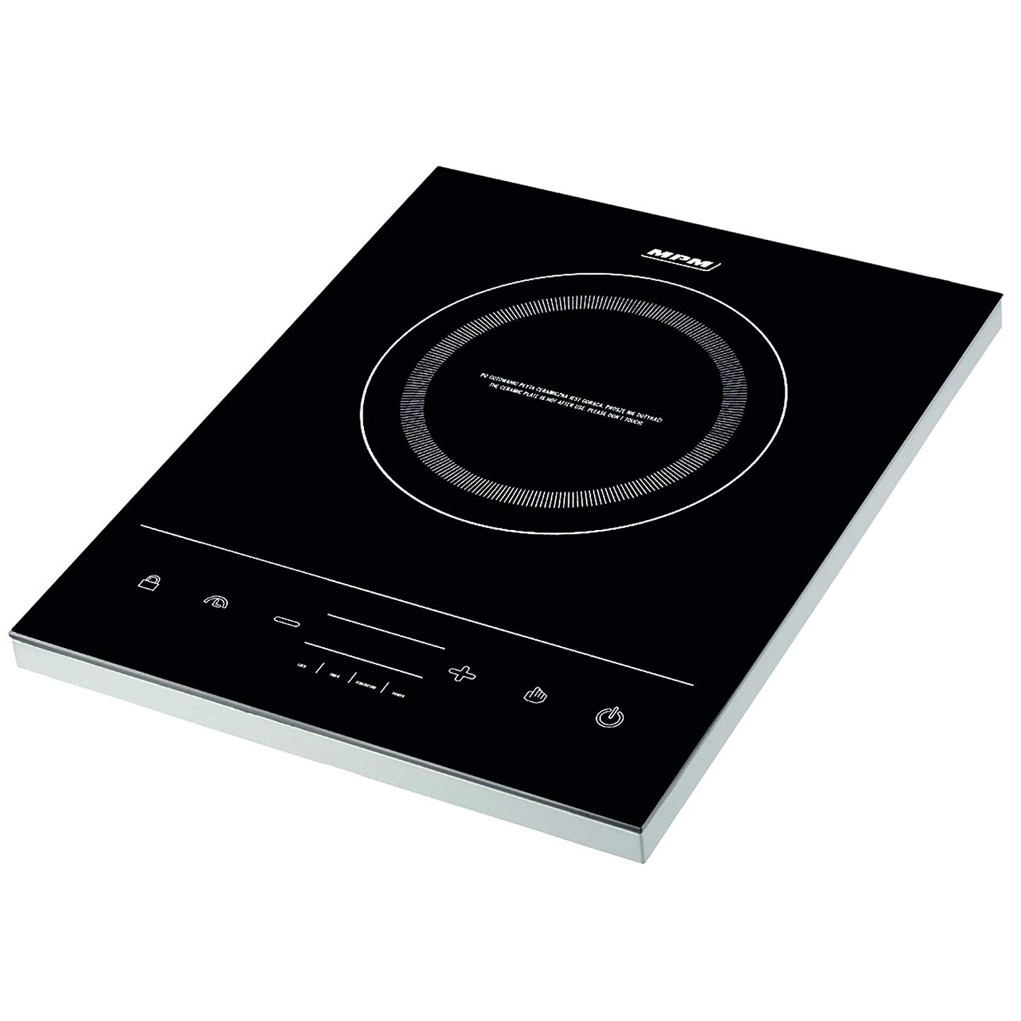 Induktionskochfeld in Schwarz und Weiß mit Symbolen auf weißer Oberfläche. Flaches Design.