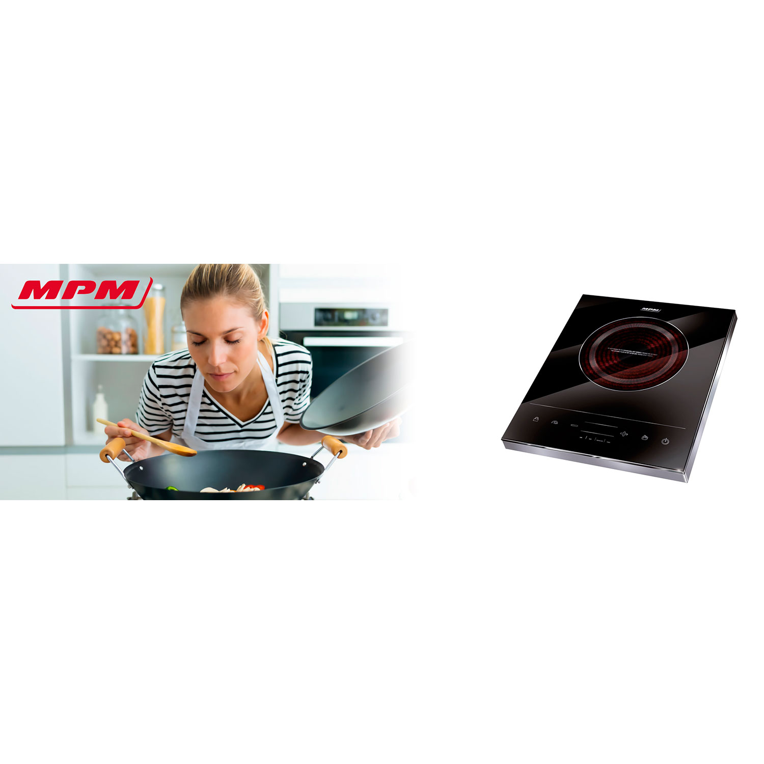 Eine Frau kocht mit einem Wok und einem Induktionskochfeld. MPM-Logo links.