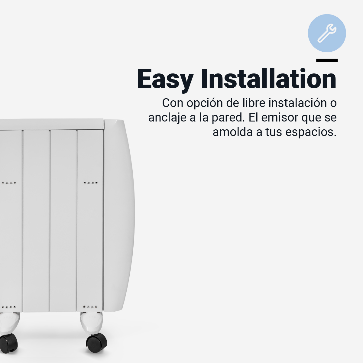 Radiador blanco con ruedas, mostrando texto de fácil instalación y un icono de llave inglesa azul.