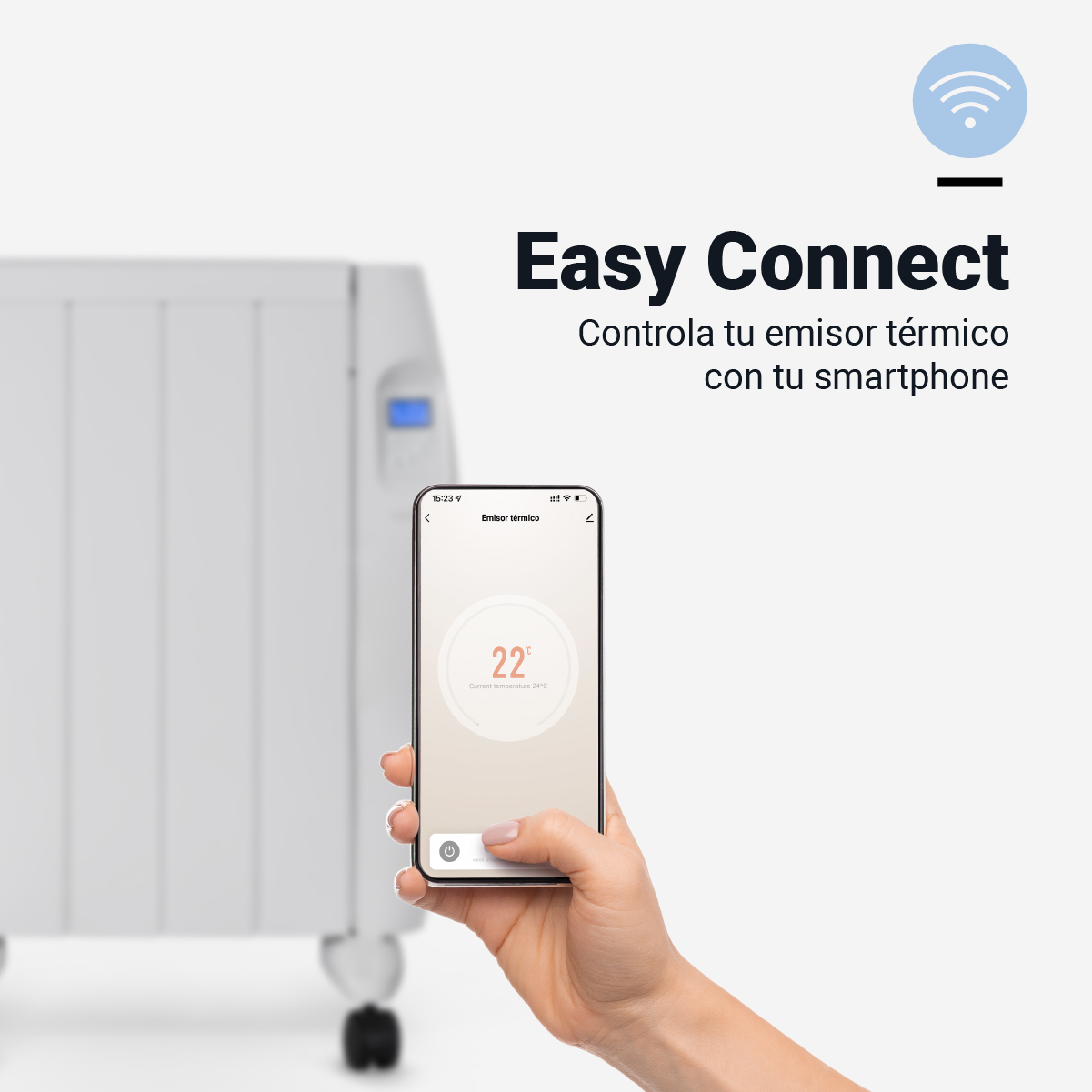 Radiador digital, teléfono con app mostrando temperatura. Texto español: fácil conexión con smartphone.