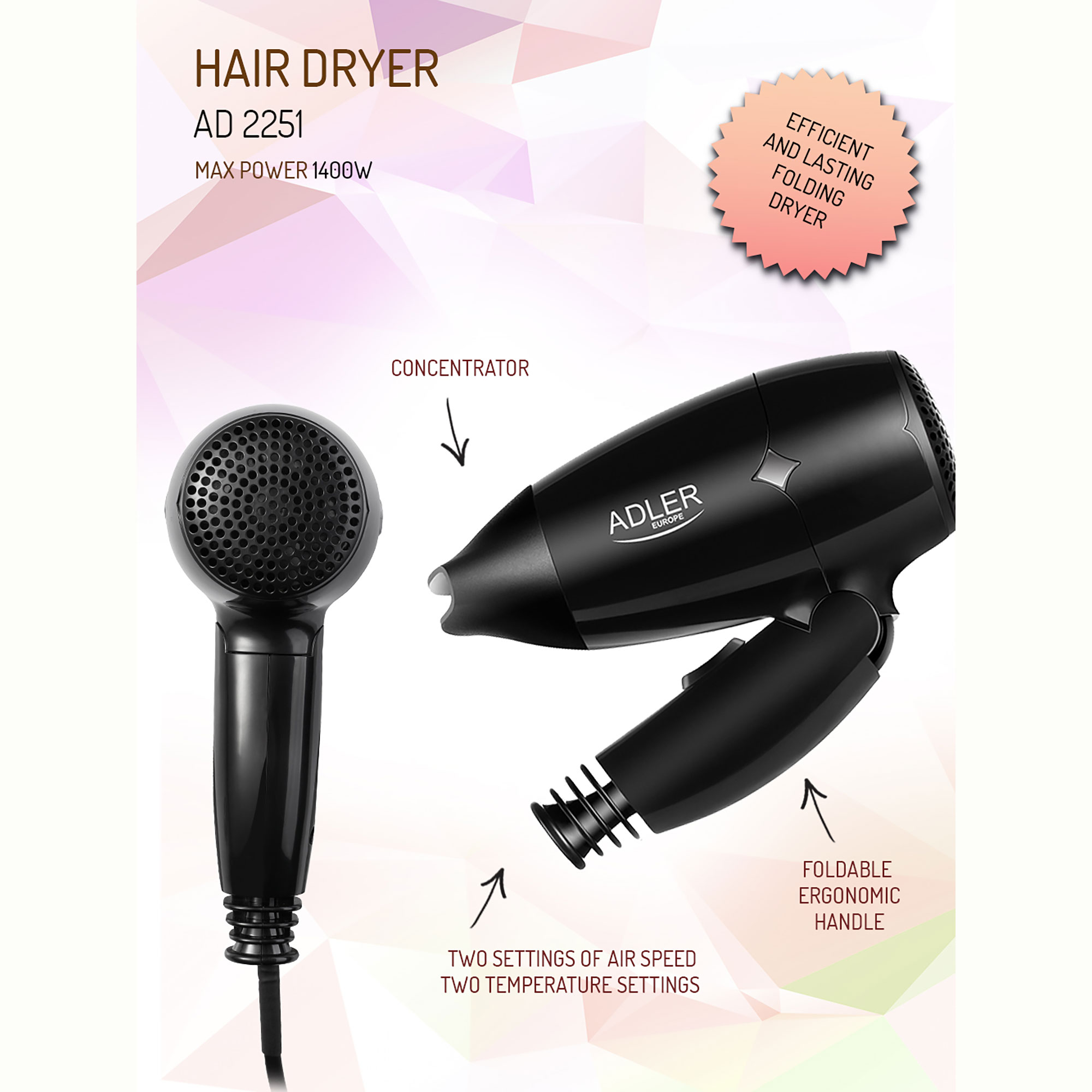 Czarna suszarka do włosów z etykietami, koncentratorem i składanym uchwytem, na białym tle.