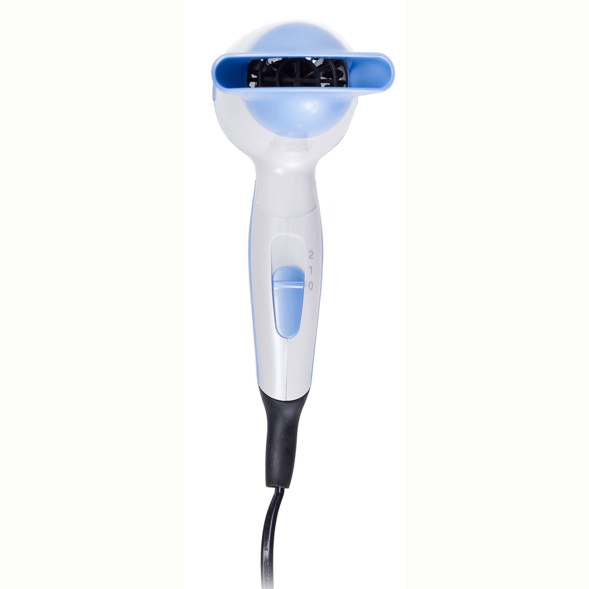 Biała i niebieska suszarka do włosów z elementami sterującymi, skierowana do widza.