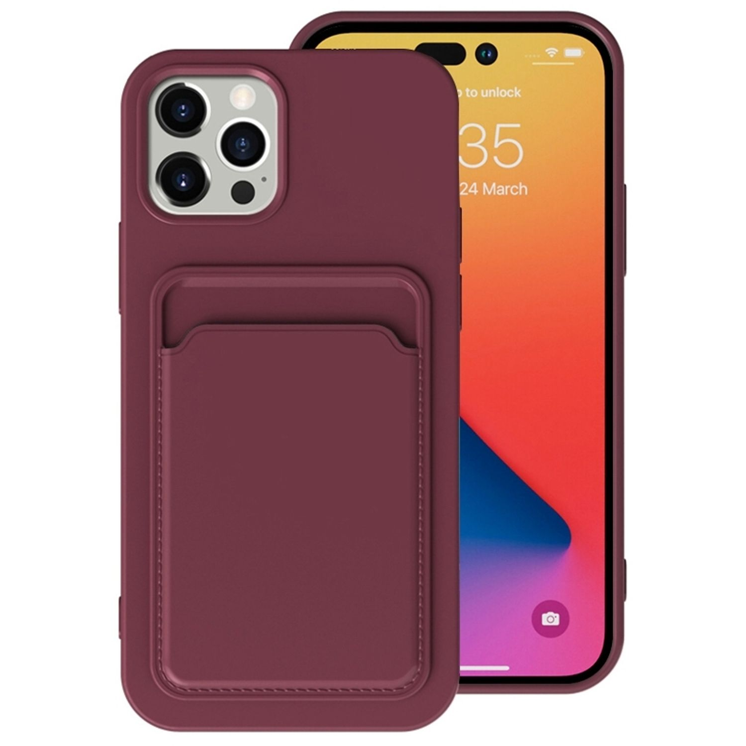 Bordeauxfarbene Handyhülle mit Kartenhalter, Telefon mit gelb-orangefarbenem Hintergrundbild.