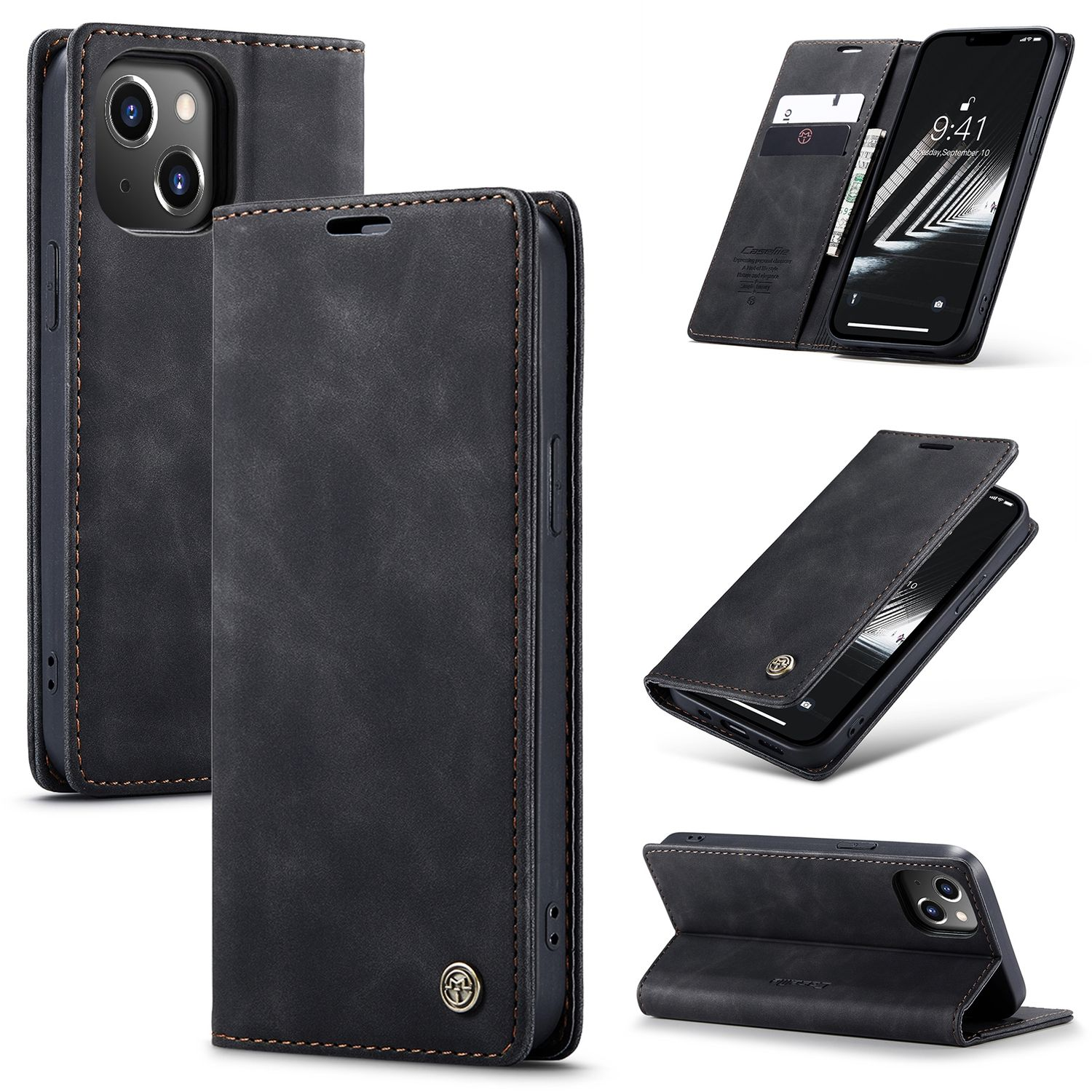 Schwarze Handyhülle, mit Telefon darin. Mehrere Ansichten zeigen die Hülle.
