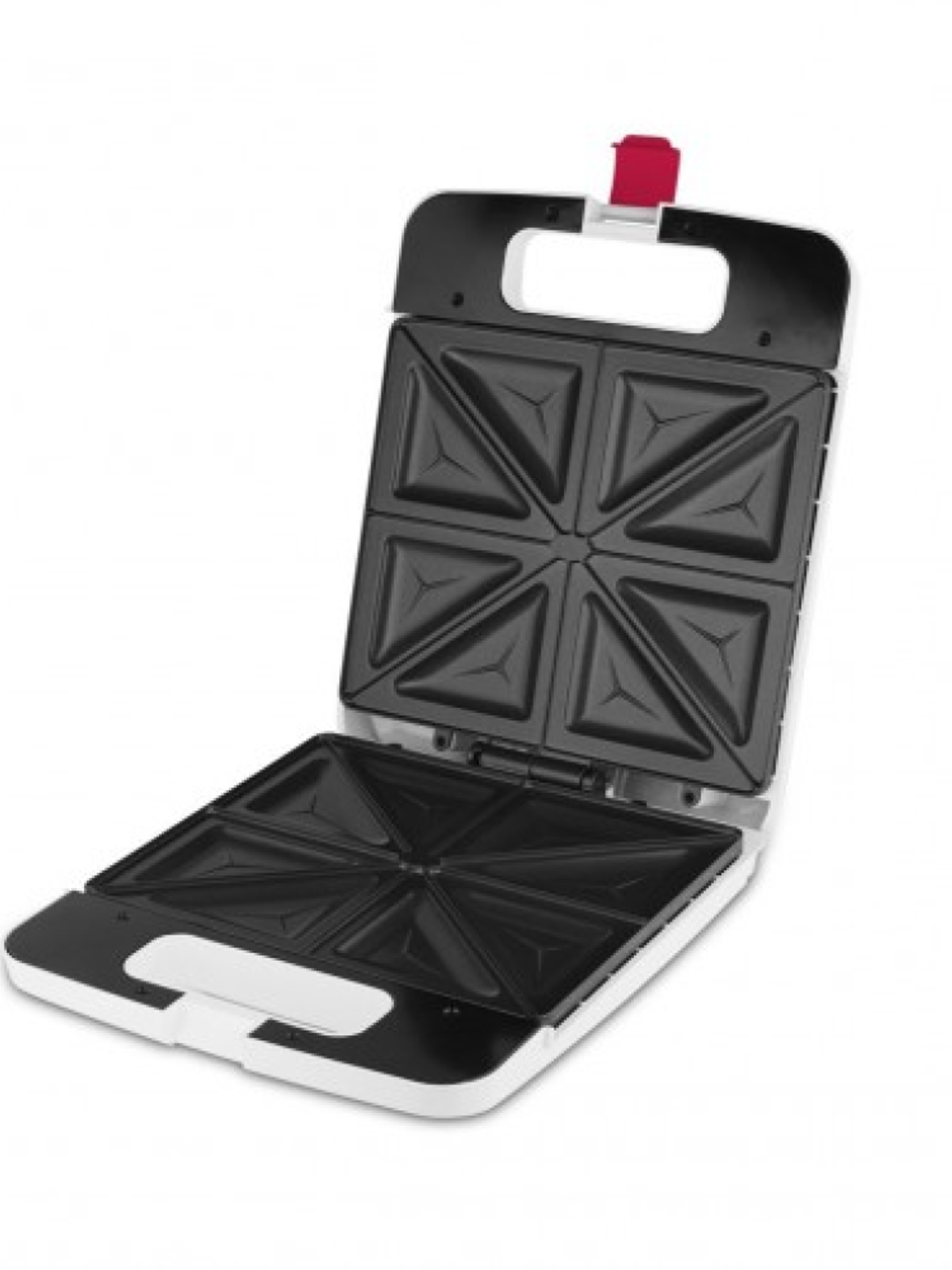 Biała opiekacz do kanapek, otwarta, pokazująca trójkątne przegródki na kanapki.