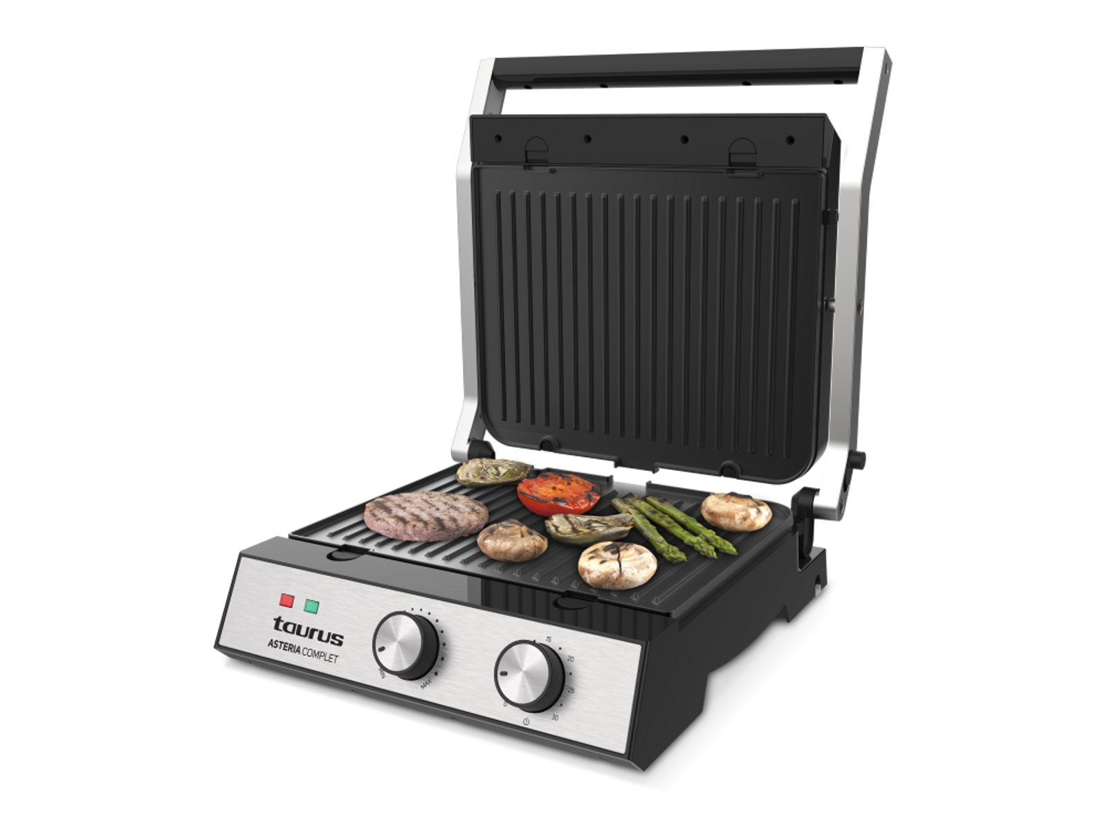 Parrilla negra abierta con comida: hamburguesas, tomates, champiñones y espárragos. Controles en el panel frontal.