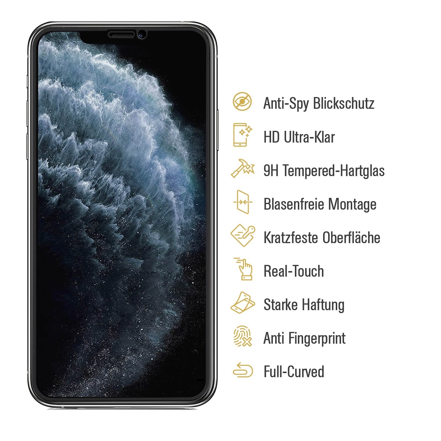 Displayschutzfolie für Smartphone mit Text und Symbolen zu den Funktionen.