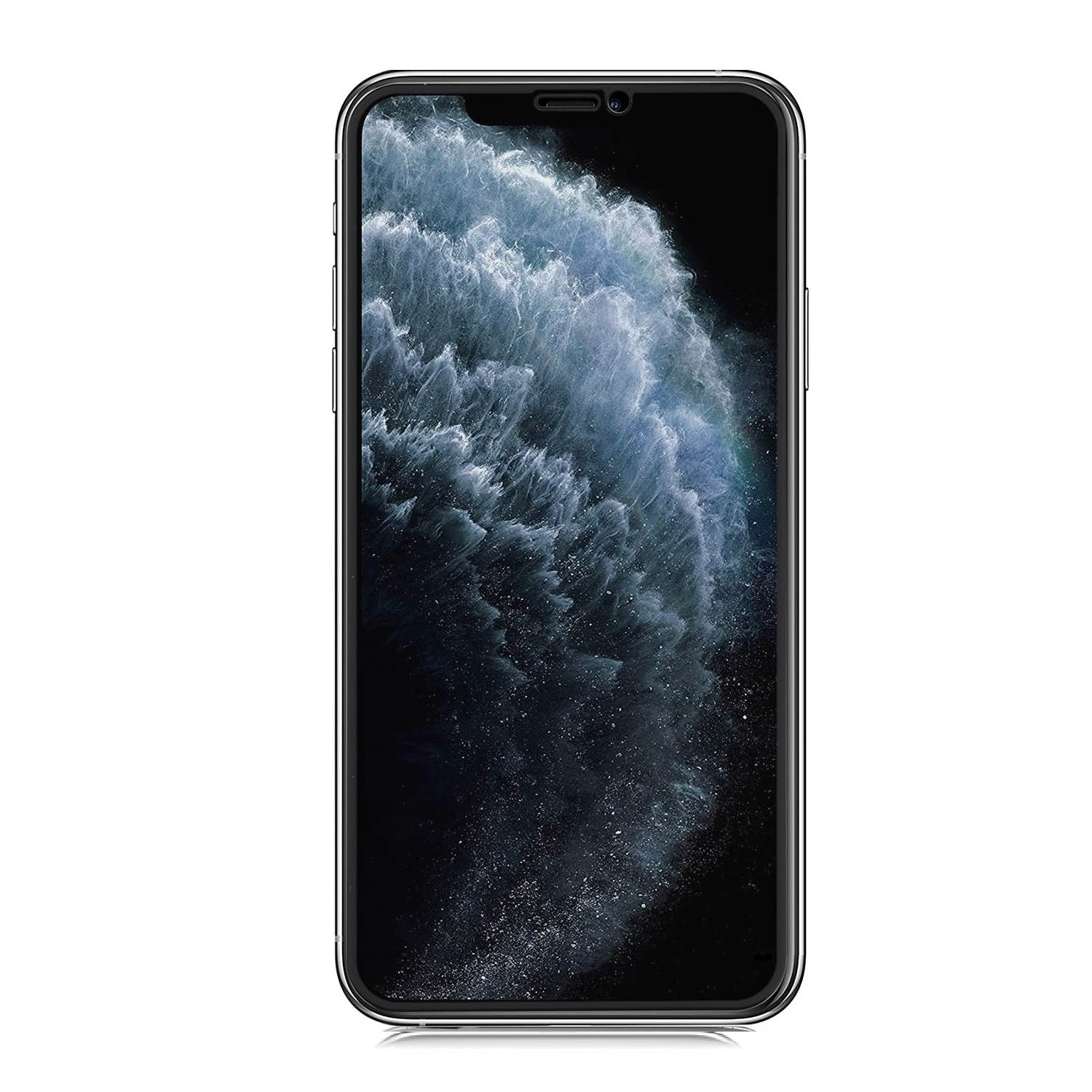 Eine Frontansicht eines schwarzen Mobiltelefons mit einem dunkel gefärbten Bildschirm, der ein stürmisches Wasserbild zeigt.
