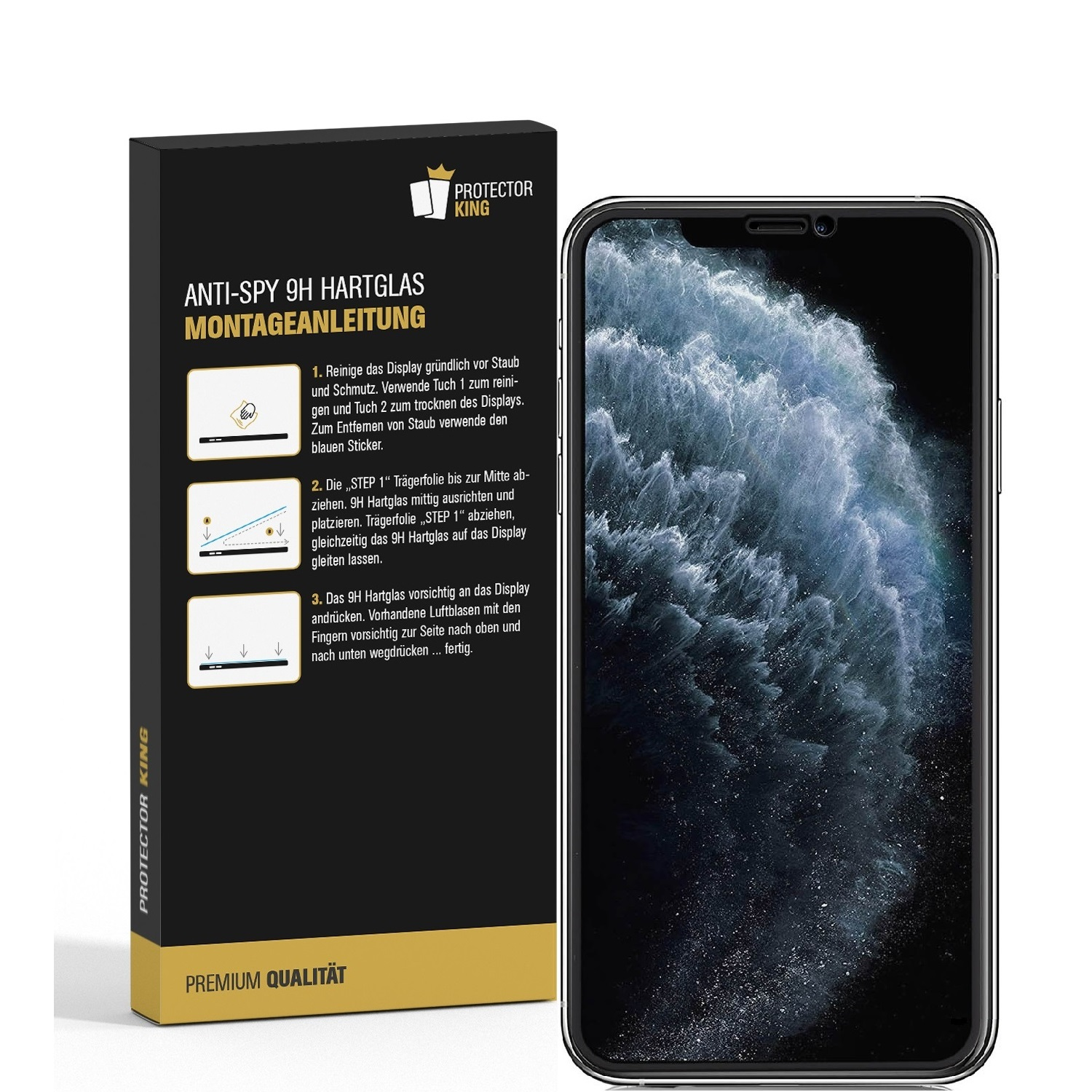 Schwarzes Telefon mit Displayschutzfolie neben einer Box mit Telefon- und Schutzfolienanweisungen.