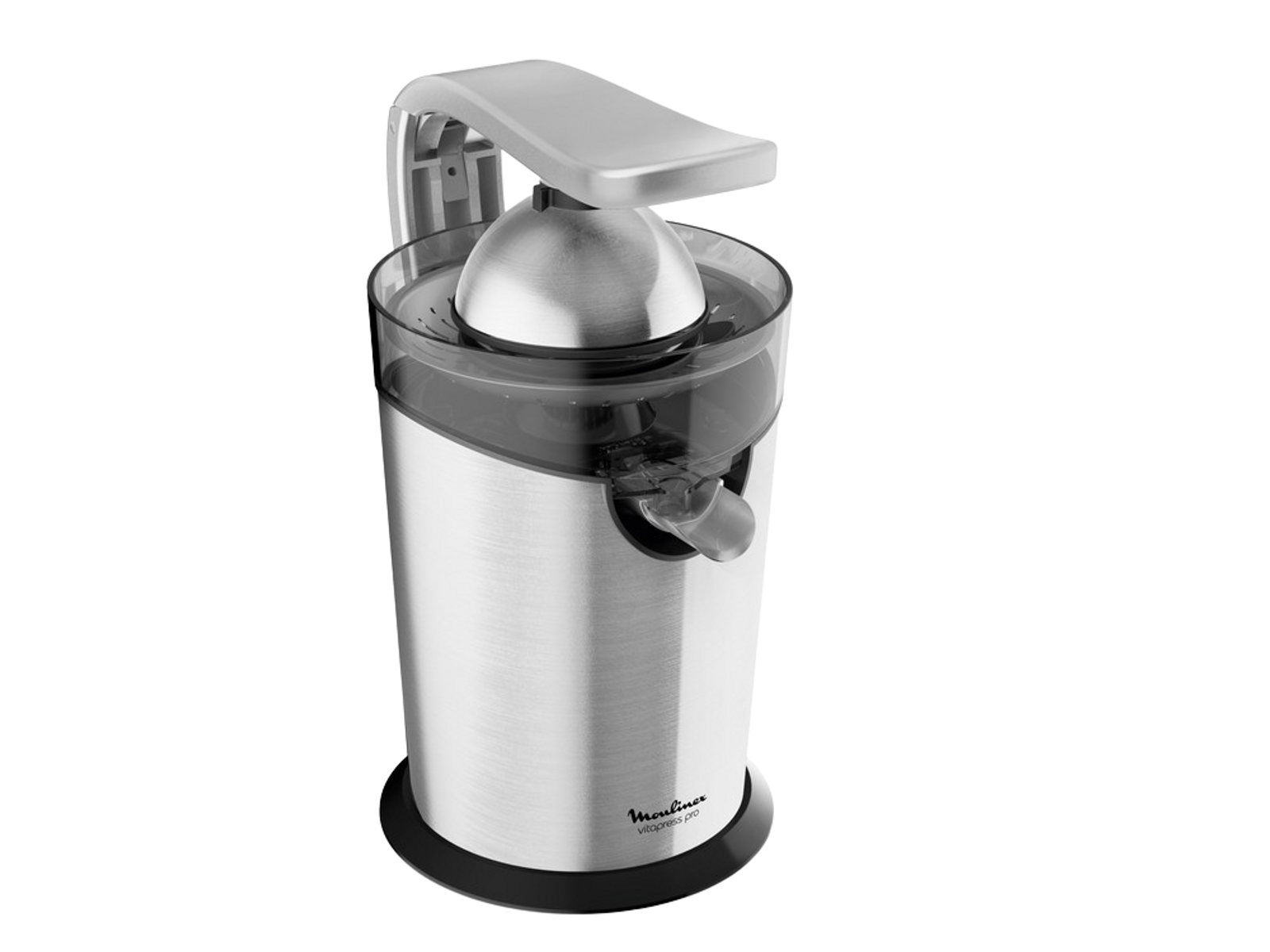 Wyiskarka ze stali nierdzewnej z czarną podstawą i wylewką. Z logo Moulinex.