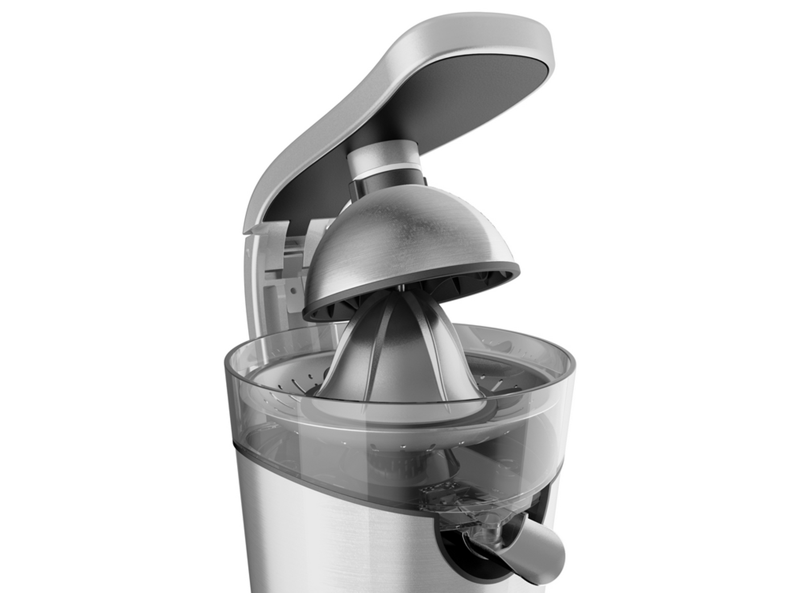 Sokowirówka, srebrna i przezroczysty plastik, otwarta z widocznymi częściami.