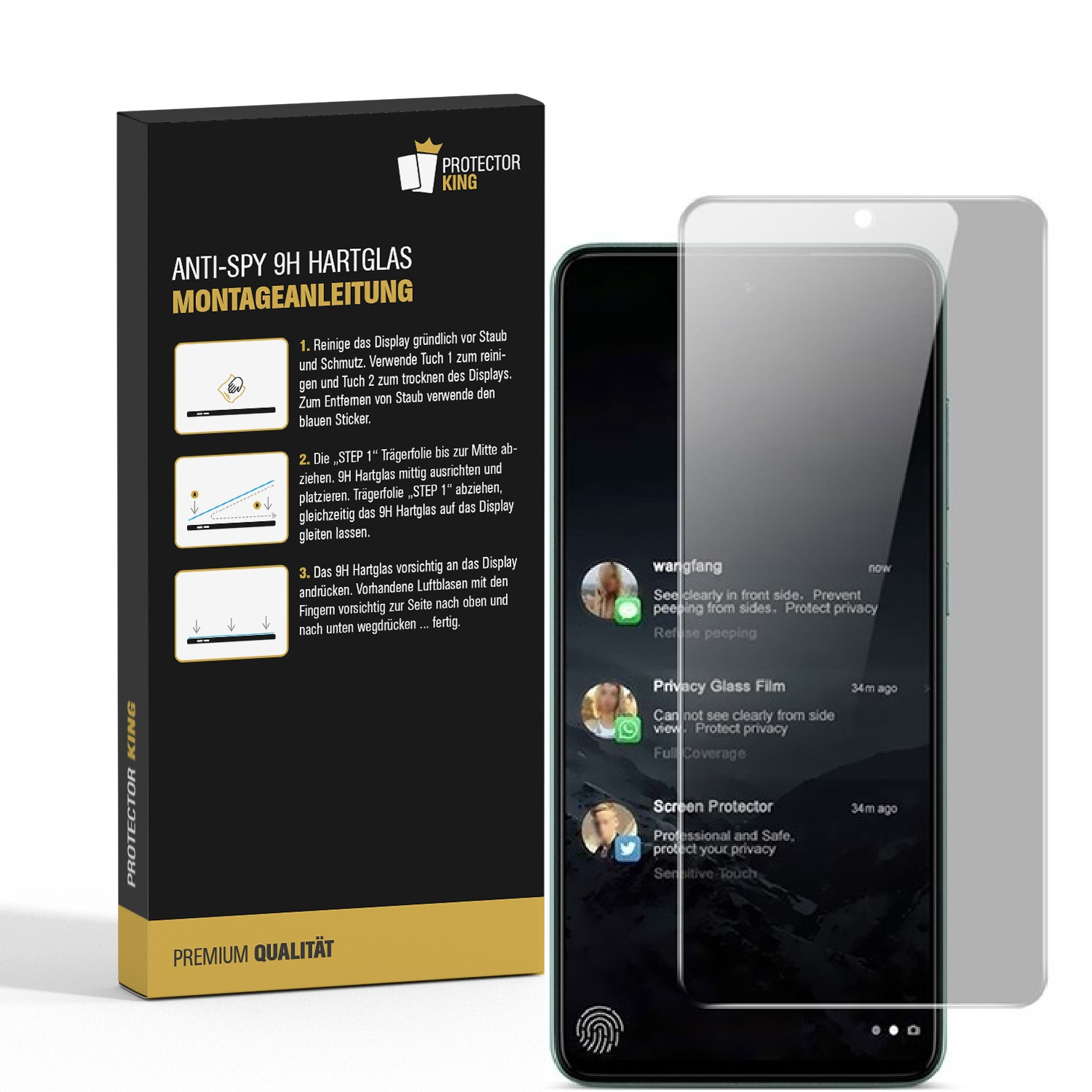 Eine Telefonschutzfolienbox und ein Telefon mit Displayschutzfolie.
